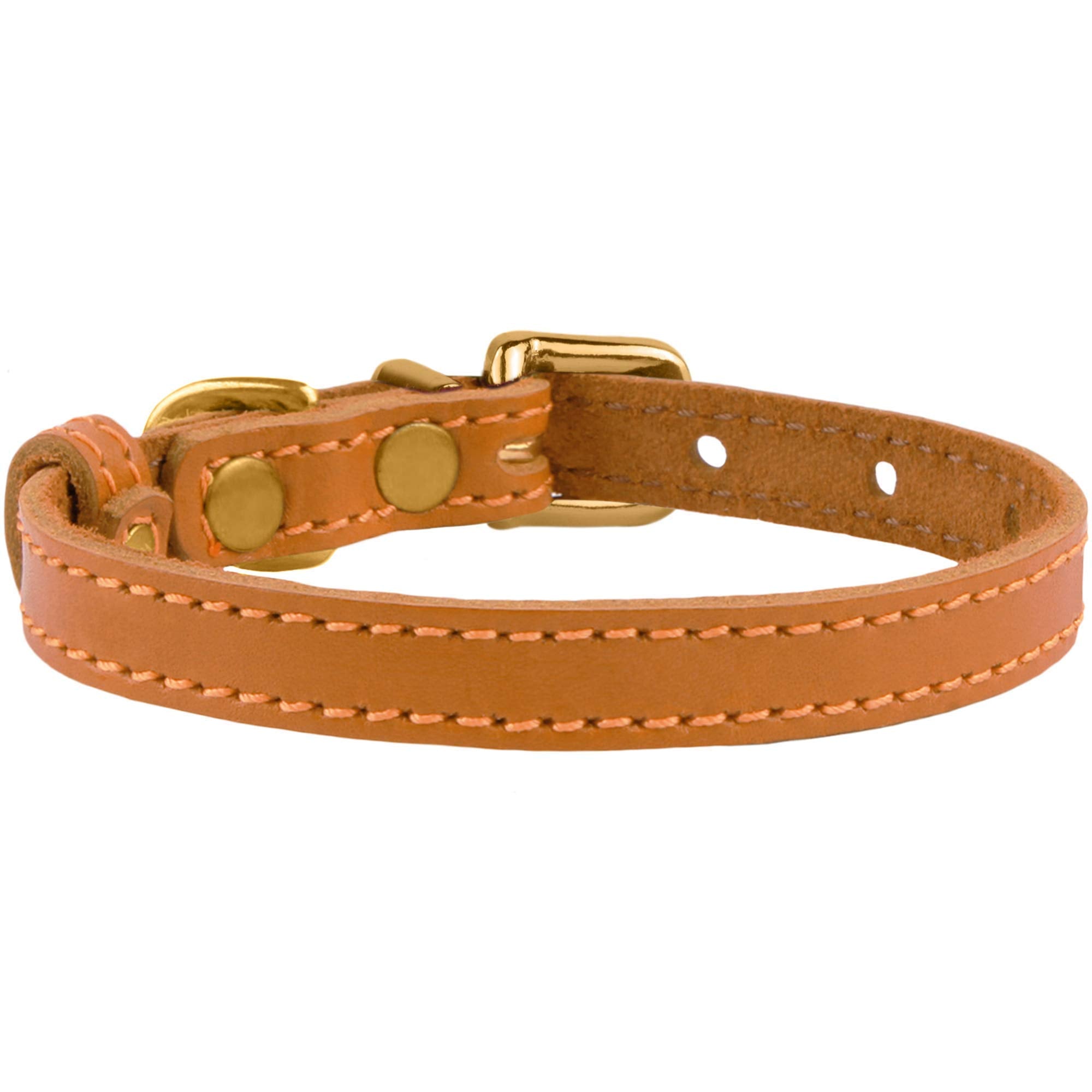 Bronzedog Leather Cat Collar With Bell Non Breakaway Kitten Qr Tag For Girl Boy (9'' - 11'' Cats/Mini Dogs, Light Brown & Gold)