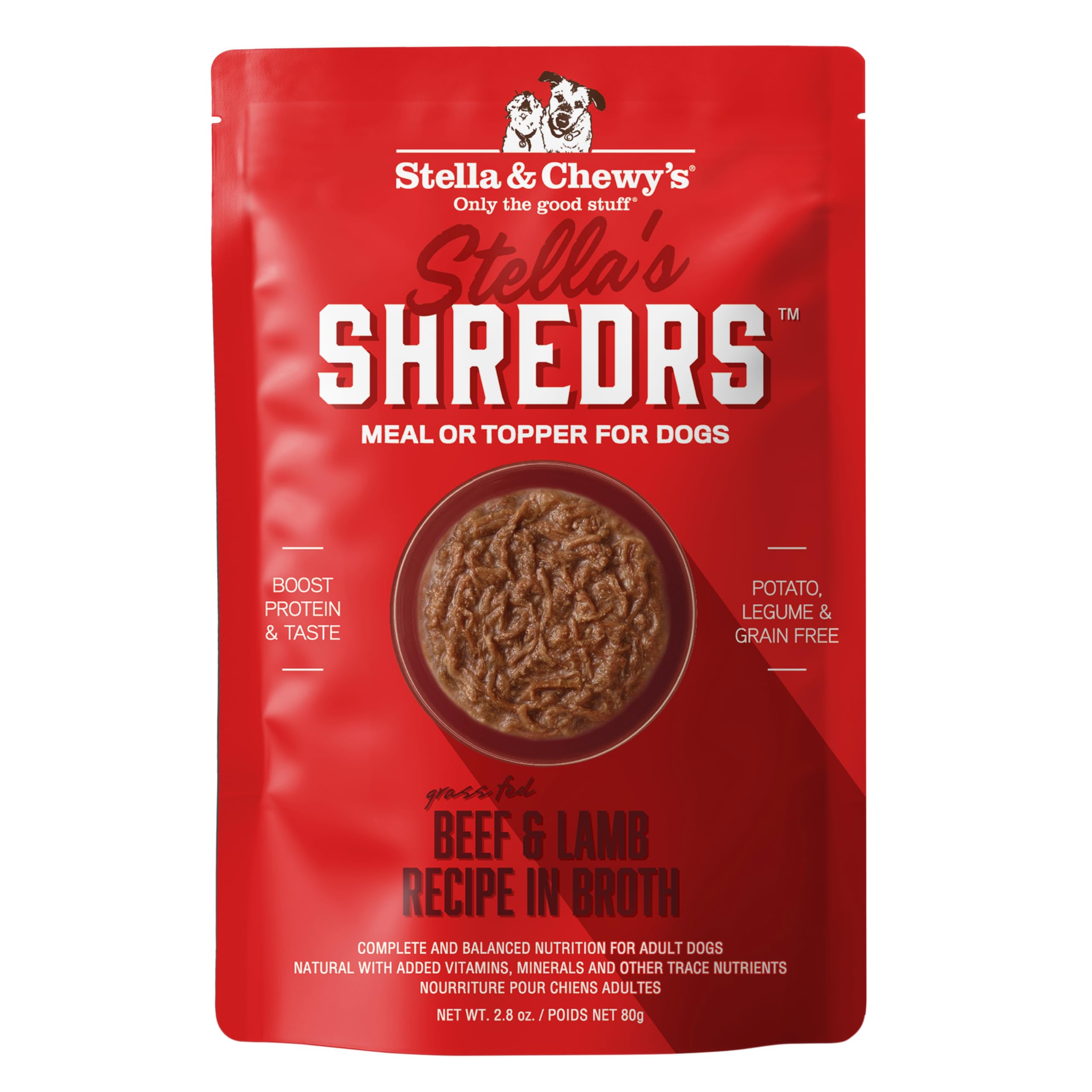 Stella & Chewys Stellas Shredrs Grass Fed Beef & Lamb Recipe in Broth, 2.8 oz Pouches (Pack of 12)