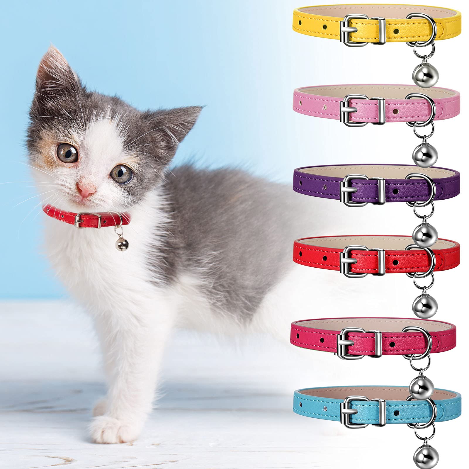 Weewooday 6 Pieces Leather Cat Collar With Bell Cute Pet Leather Kitten Collar For Boy Girl Cats With Safety Elastic Strap For S