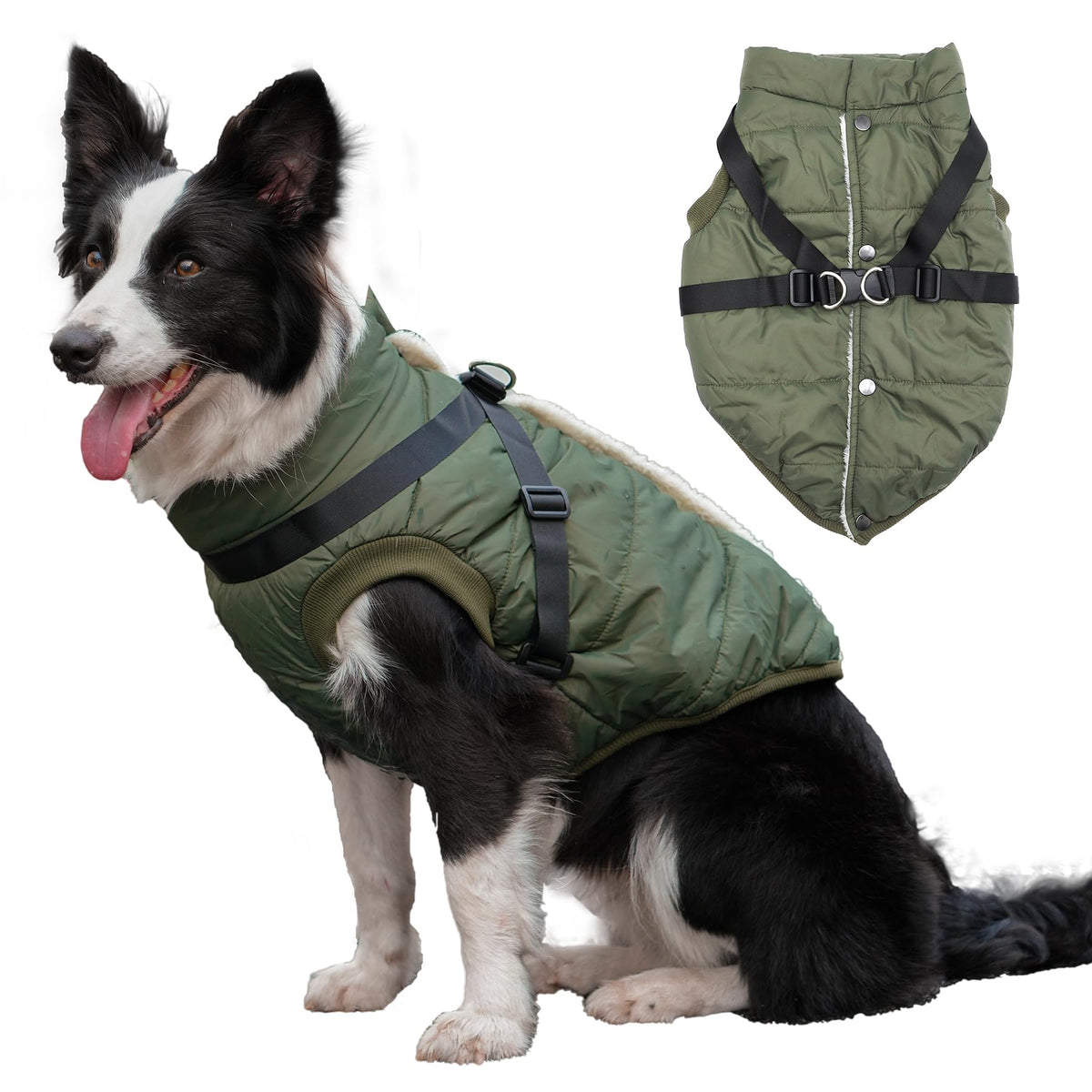 Joydaog Dog Jacket With Harness,Fleece Lined Warm Puppy Coat For Winter,Soft Windproof Large Dog Vest,Green Xxxl