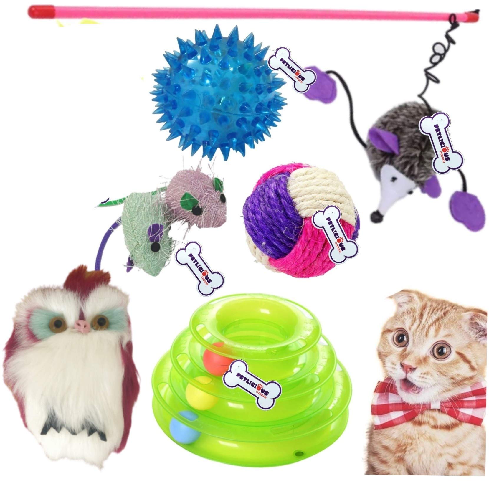 Petlicious & More 6 In 1 Cat Toys Kitten Toys Premium Combo  Cat Tumbler|Tower Of Track|Cat Stick|Jute Ball|Plush Mouse Toy|Led