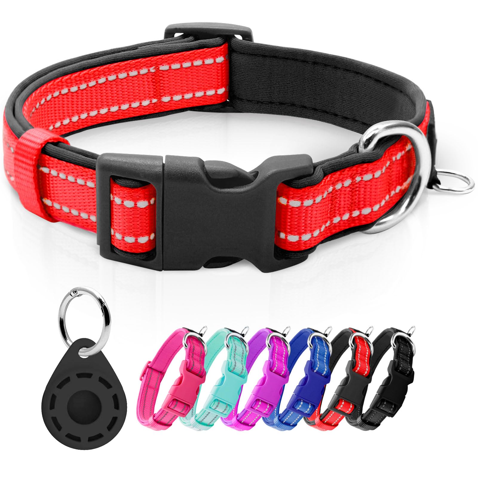 Azuza Reflective Dog Collar With Airtag Holder, Soft Neoprene Padded Pet Collar With Id Tag Ring, Adjustable For Medium Dogs,Red