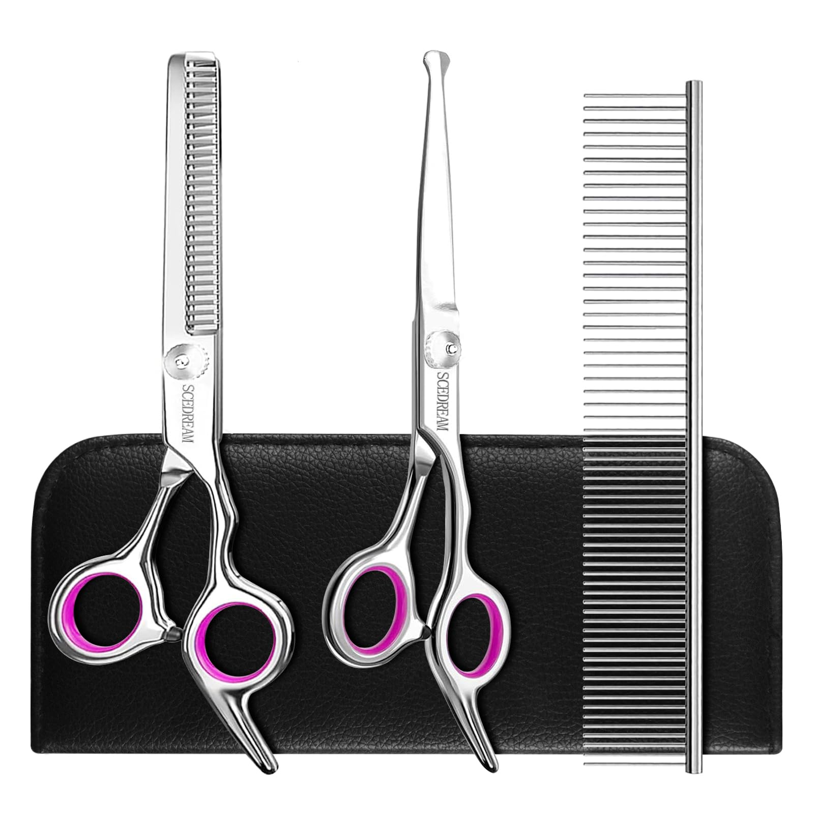 Scedream Dog Grooming Scissors - 3 In 1 Pet Grooming Shears Set, Curved Tips, Pink