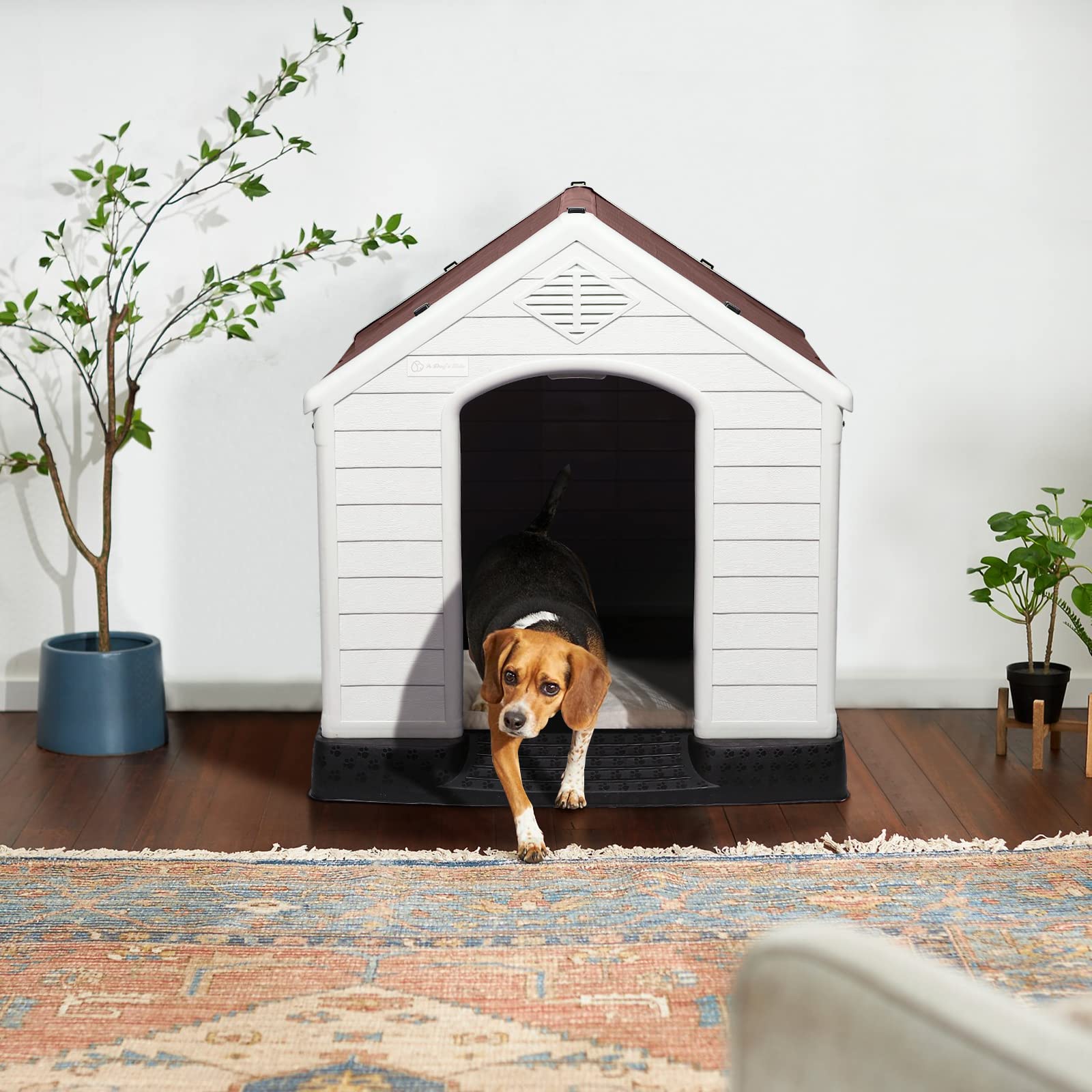 Lemberi Durable Waterproof Plastic Dog House For Small To Large Sized Dogs, Indoor Outdoor Doghouse Puppy Shelter With Elevated Floor, Easy To Assemble (Brown, 42''L*38''W*39''H)