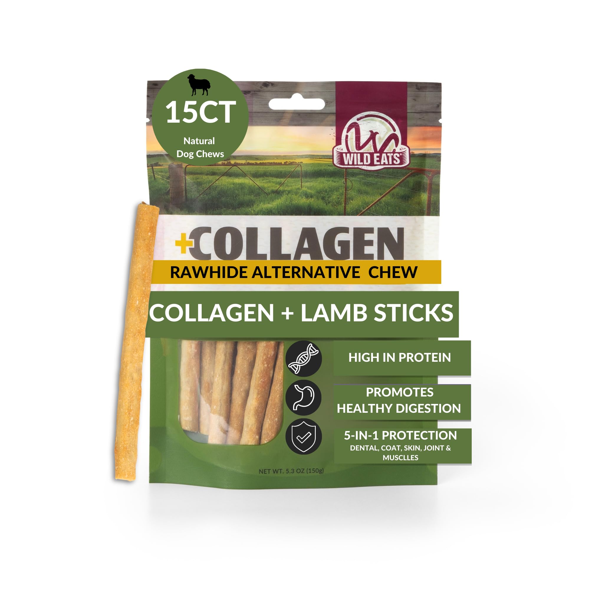 Wild Eats Lamb Collagen Sticks for Dogs (15 Pack, 1 cm Wide) Long Lasting Dog Chews No Hide Dog Treat Bully Stick Alternative, R