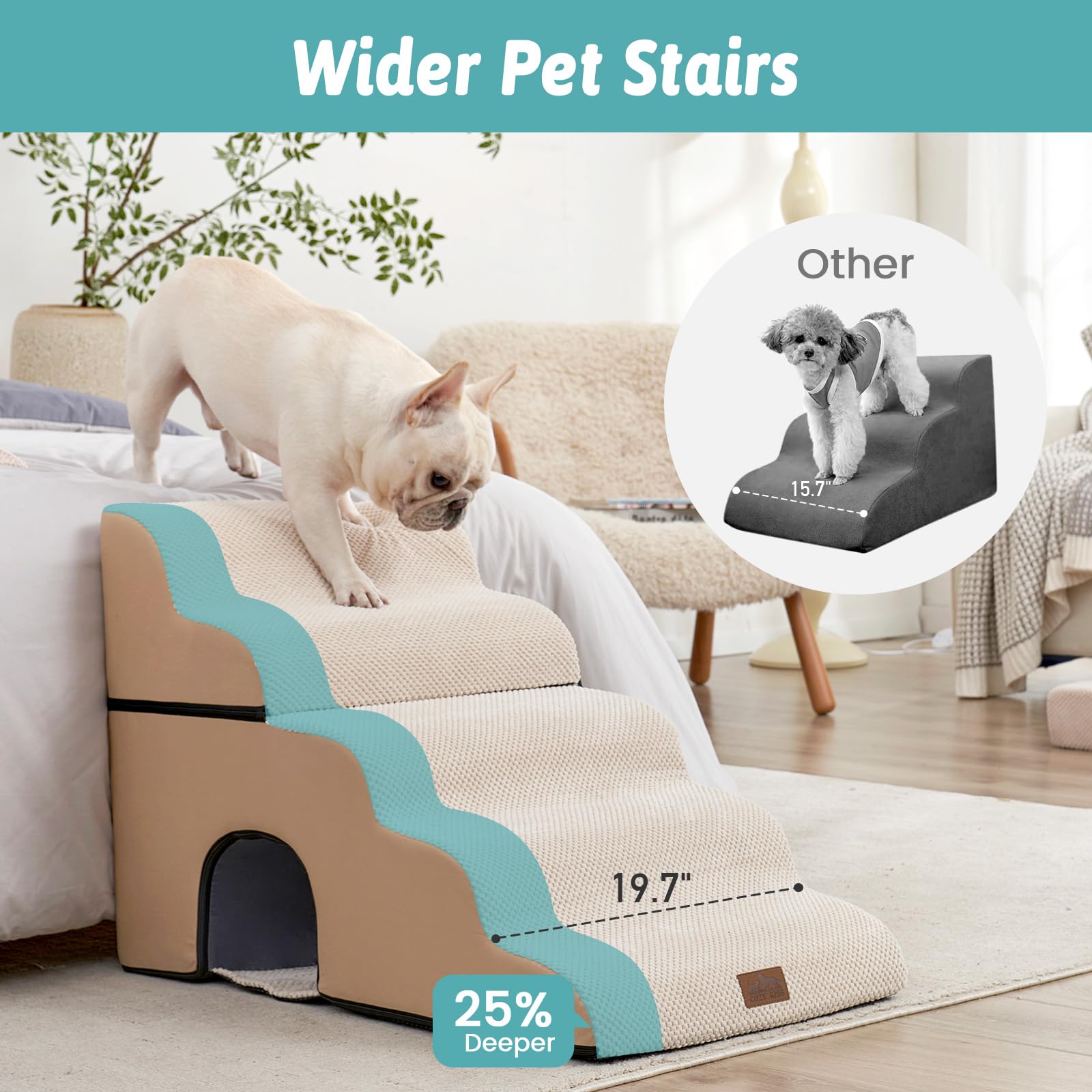 COZY KISS Wide Dog Stairs for Bed with Tunnel 19.7 Width, Foam Detachable Large Dog Step for Small Dog, Puppy or Cats, Medium Pe