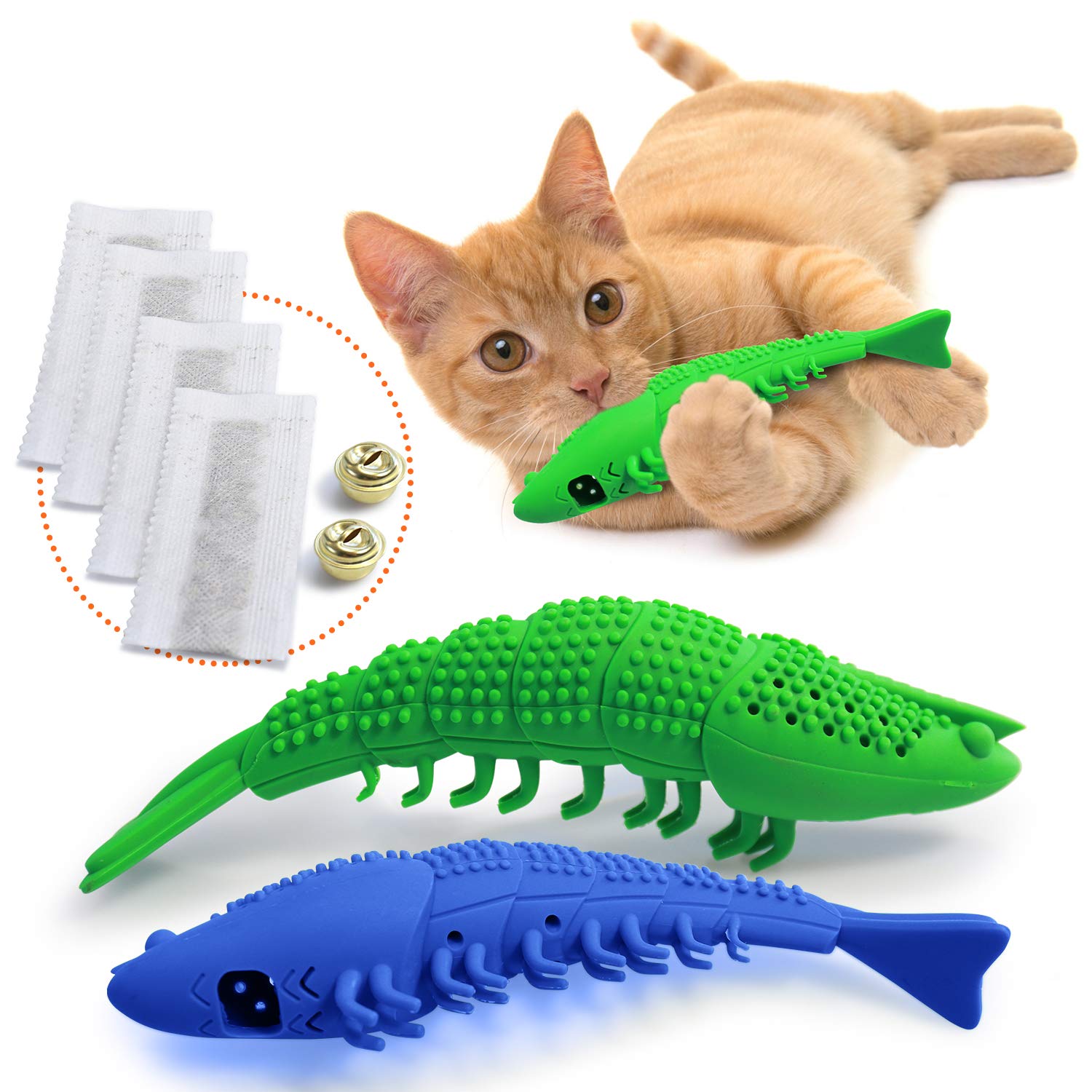 Ronton Catnip Toy - Durable Hard Rubber - Cat Dental Care, Cat Interactive Toothbrush Chew Toy (2 Pack Green & Blue (Shrimp))