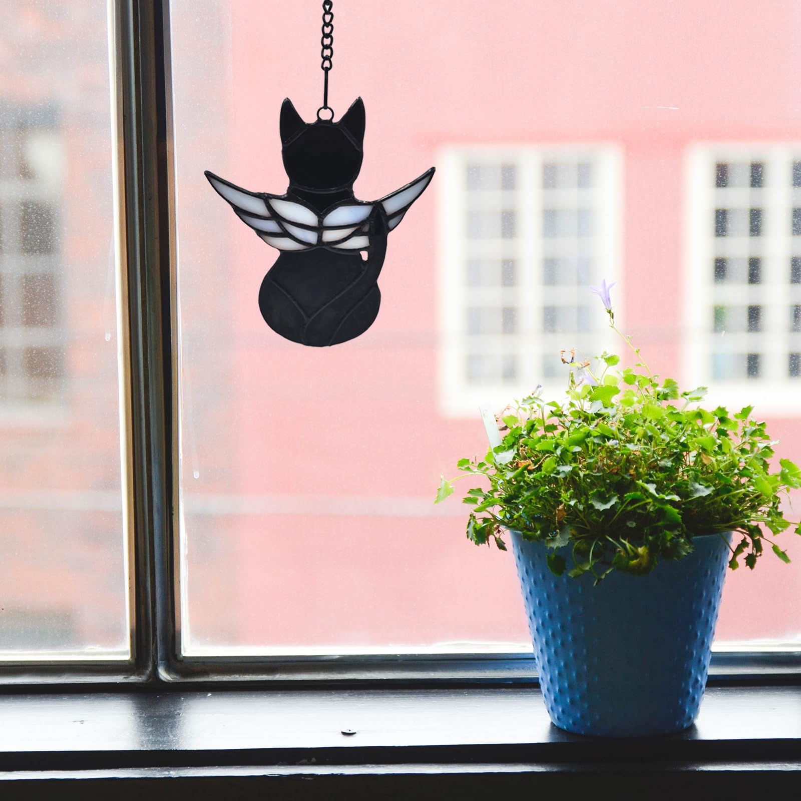 Fluffycaptain Handcrafted Stained Glass Black Angel Cat Suncatcher - Pet Memorial Gift With Colorful Wings, Cat Lovers Sympathy