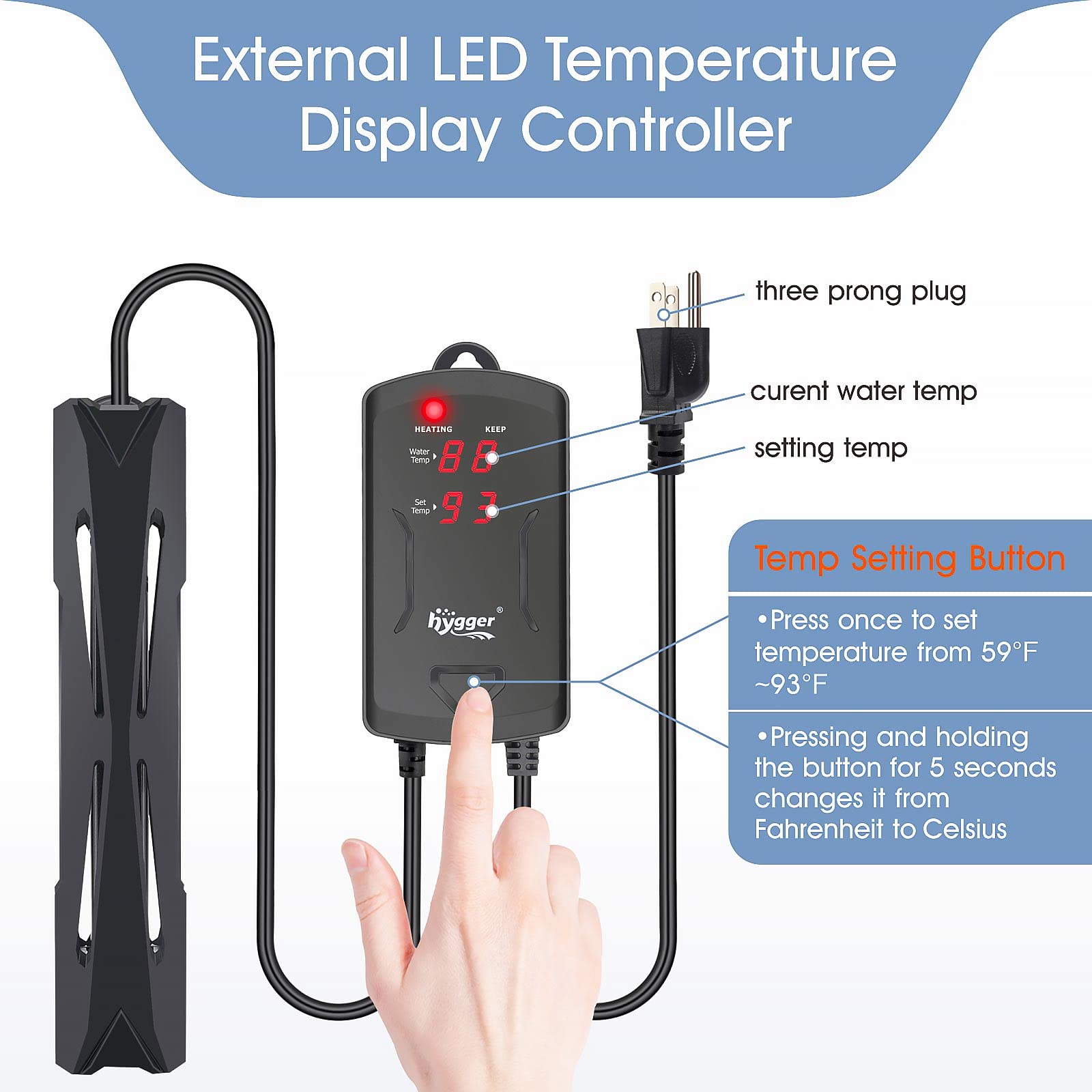 Hygger 25-50 Gallon Small Aquarium Heater With Led Display Controller, Quartz Submersible Fish Tank Heater 200 W Saltwater Freshwater