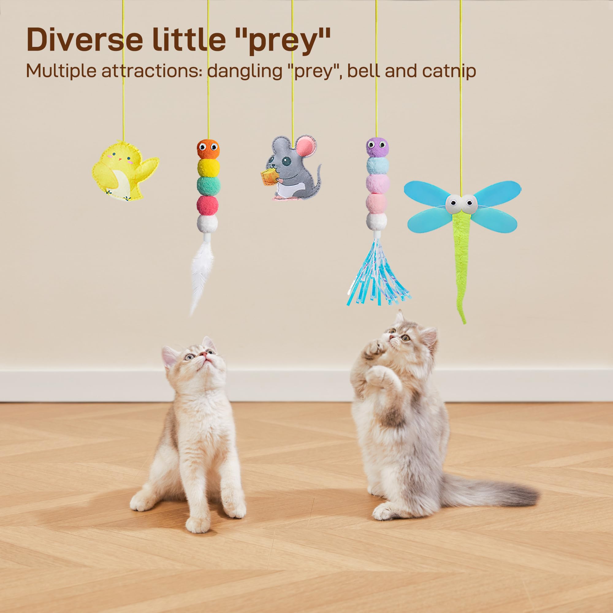 Potaroma Interactive Cat Feather Toys 5 Pcs, Cat Teaser Retractable Hanging Indoor Kitten Play Chase Exercise, Mental Physical S
