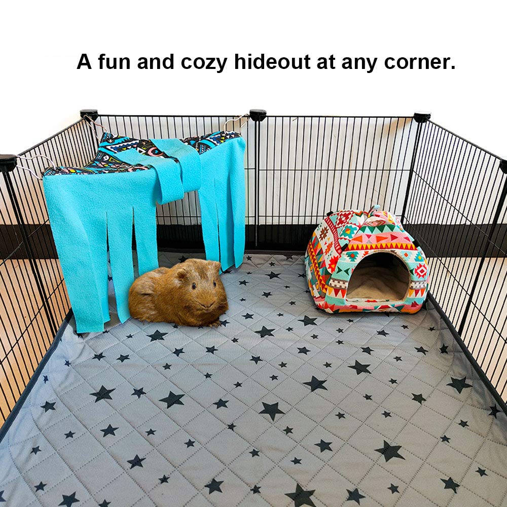 Rioussi Guinea Pig Hideout Hideaway Corner Fleece Toys Cage Accessories With Reversible Sides, Geo/Gray+Blue X 1 Curtain