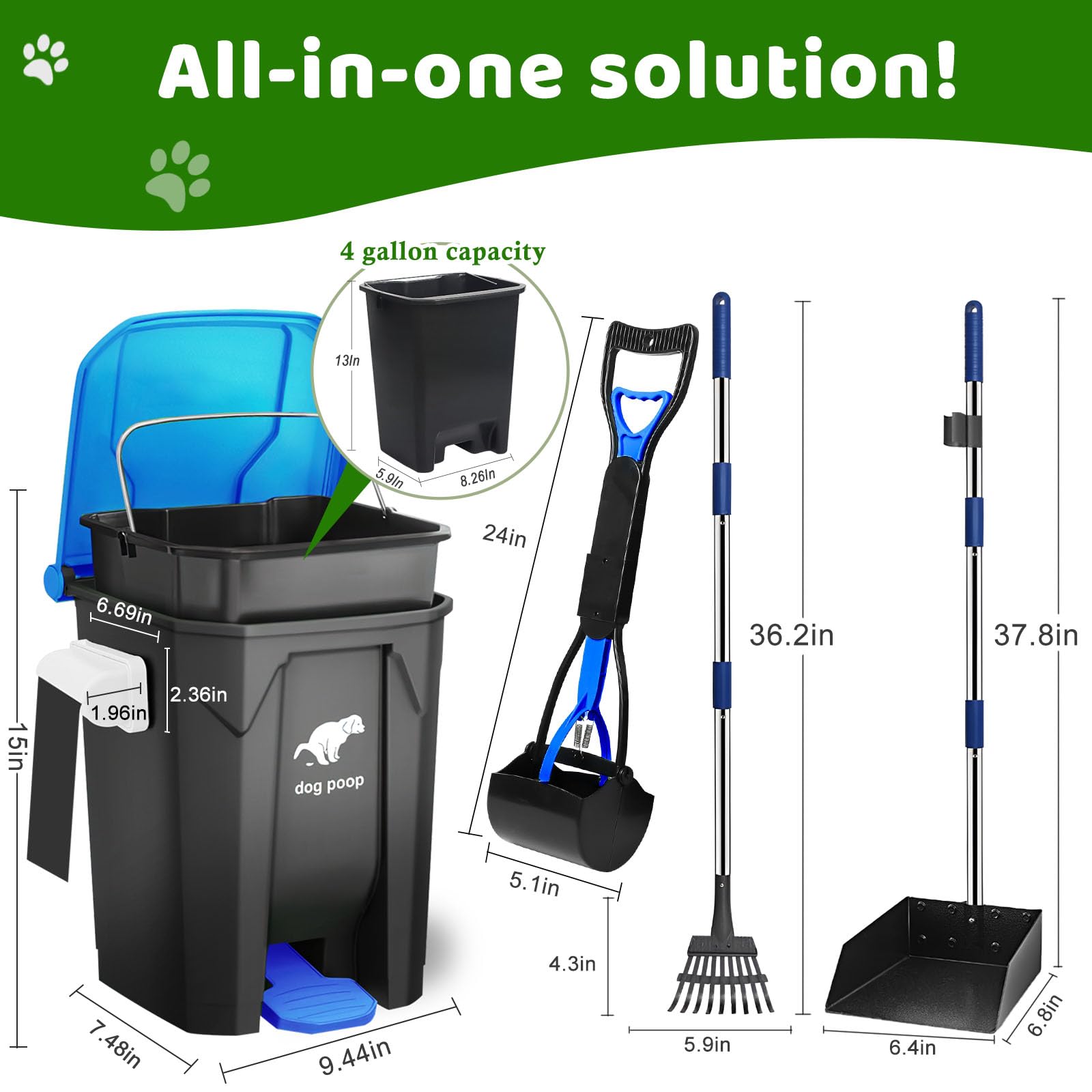 Uppcasir Dog Poop Trash Can Outside With Pooper Scooper And Metal Rake & Tray, 20L/5Gal Dog Waste Trash Can With Lid, Pedal And