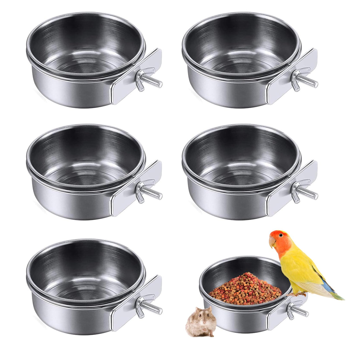 Pinvnby Parrot Feeding Cups Birds Food Dish Stainless Steel Parrot Feeders Water Cage Bowls With Clamp Holder For Cockatiel Conure Budgies Parakeet Parrot Macaw Small Animal Chinchilla Pack Of 6