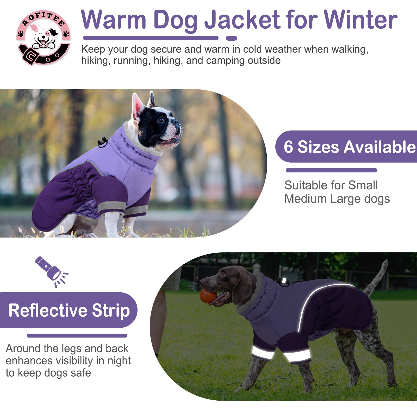 AOFITEE Dog Coat Warm Dog Winter Jacket for Medium Dogs, Windproof Dogs Winter Coat with Harness Built in, Turtleneck Fleece Pet