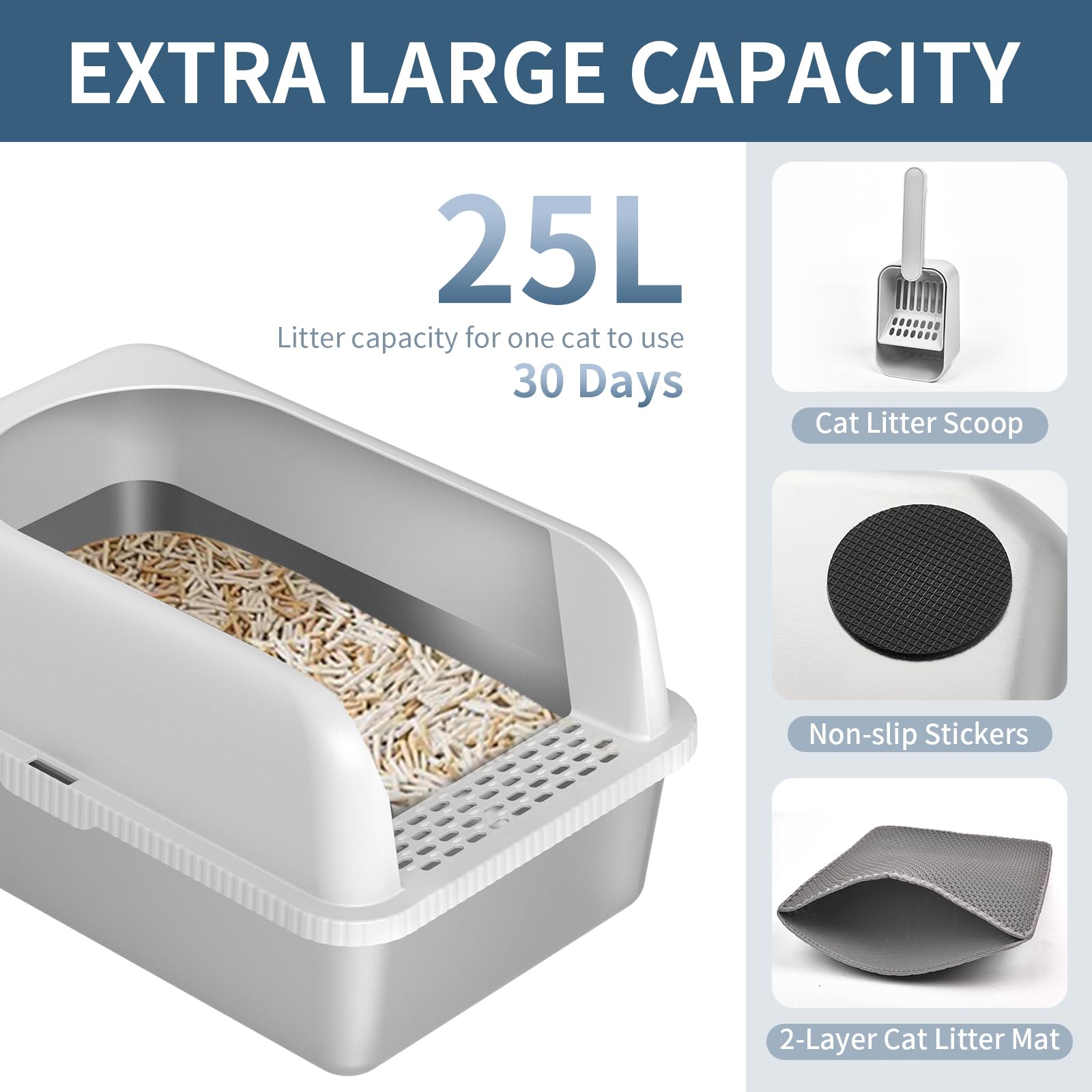 Prodigen Stainless Steel Cat Litter Box with Lid, High Wall, Easy Clean, 19.6" L x 14" W x 12" H, Silver, Non-Sticky, Anti