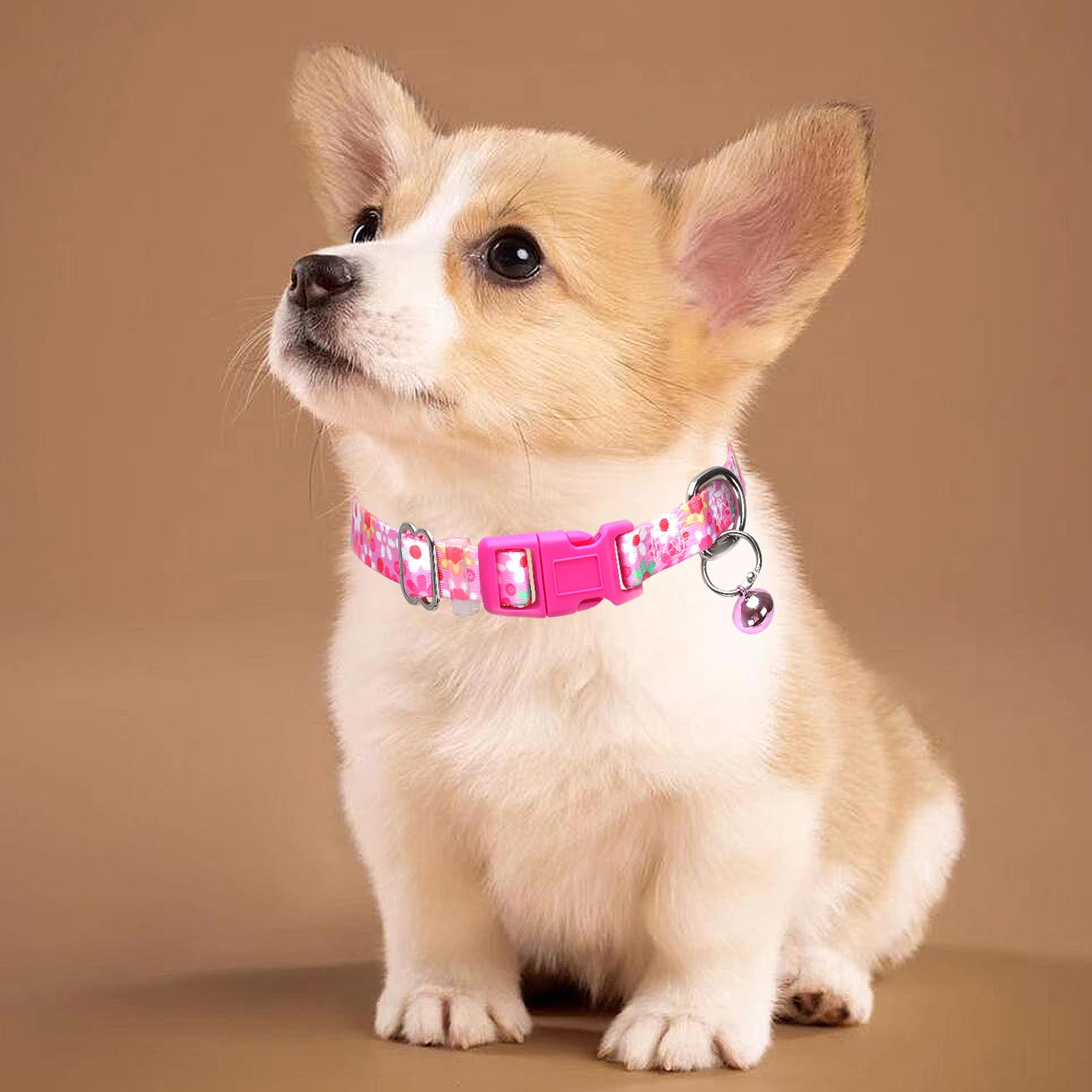 Pink Flower Puppy Collar With Bell, Pretty Cute Floral Girl Dog Collar Tiny Kitten Collars With Bells For Xs Small Pet Female Do