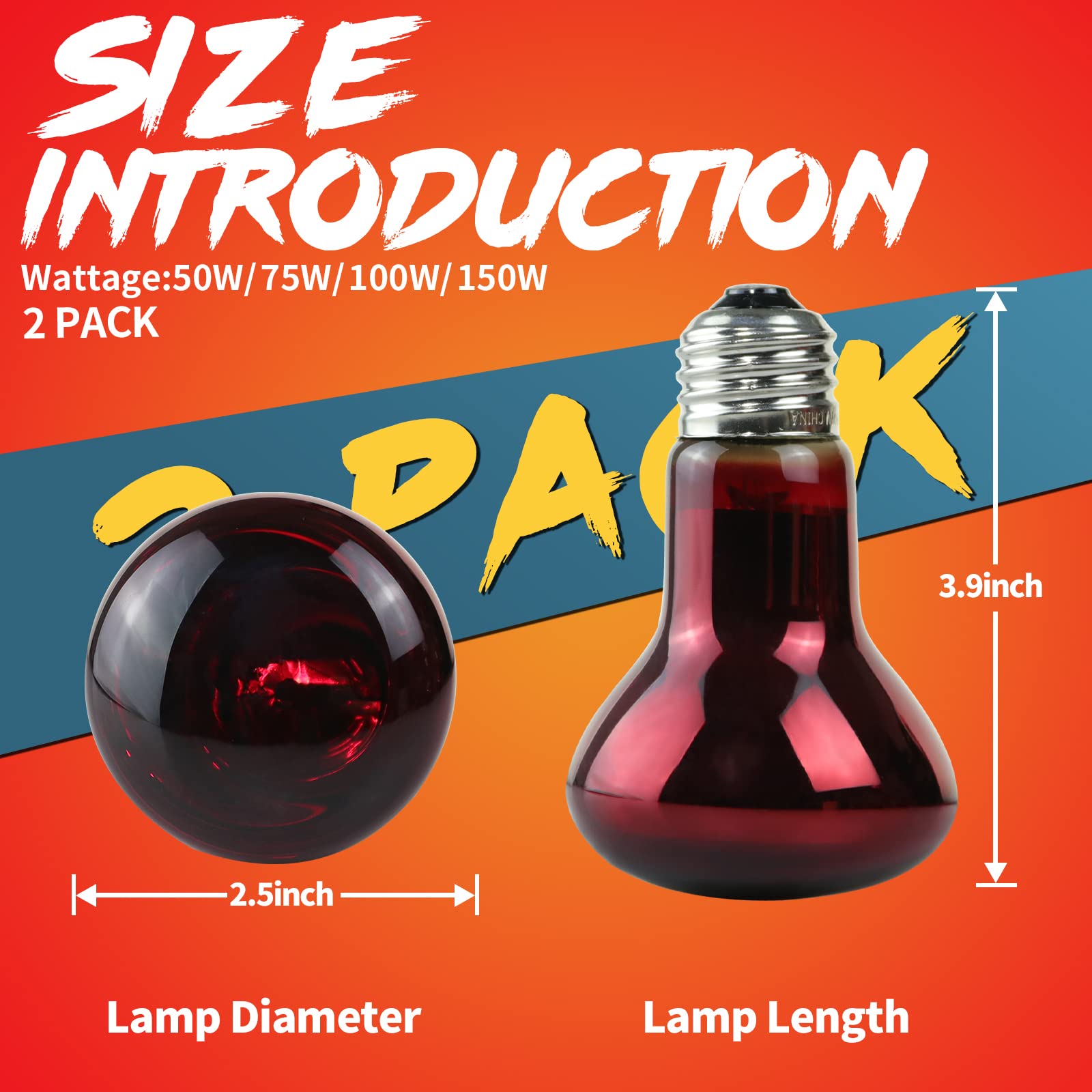 LUCKY HERP 50W Reptile Heat Lamp Bulbs 2 Pack, Reptiles & Amphibians Infrared Basking Spot Lamp, Heat Light Bulb for Turtle, Bea