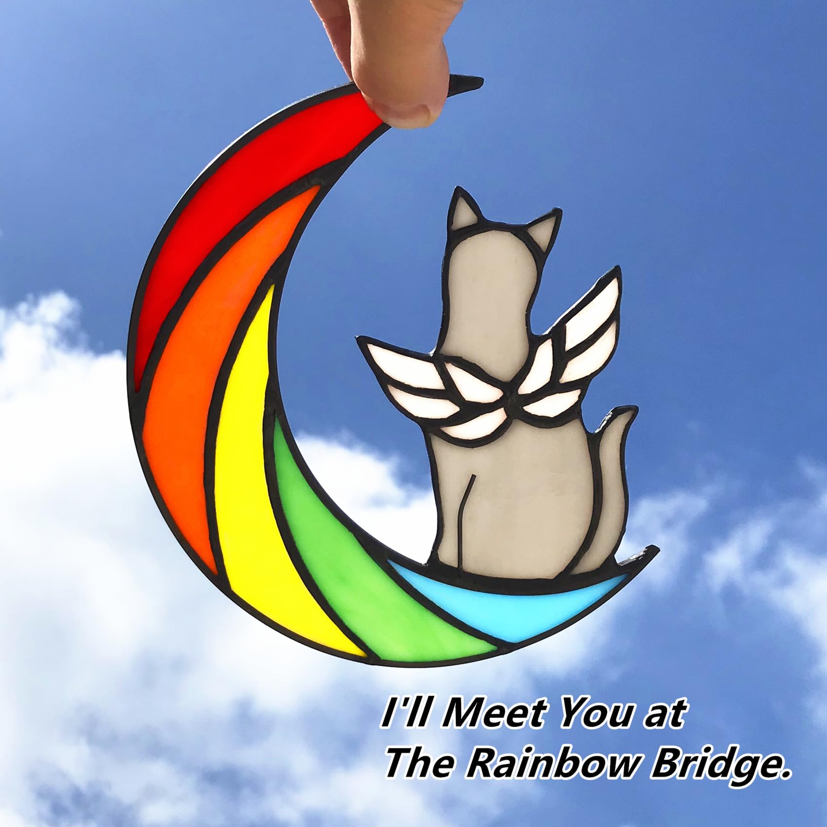 Lcensp Grey Cat Memorial Gifts For Loss Of Cat Sympathy Suncatcher, Rainbow Bridge Pet Memorial Bereavement Gifts, Stained Glass