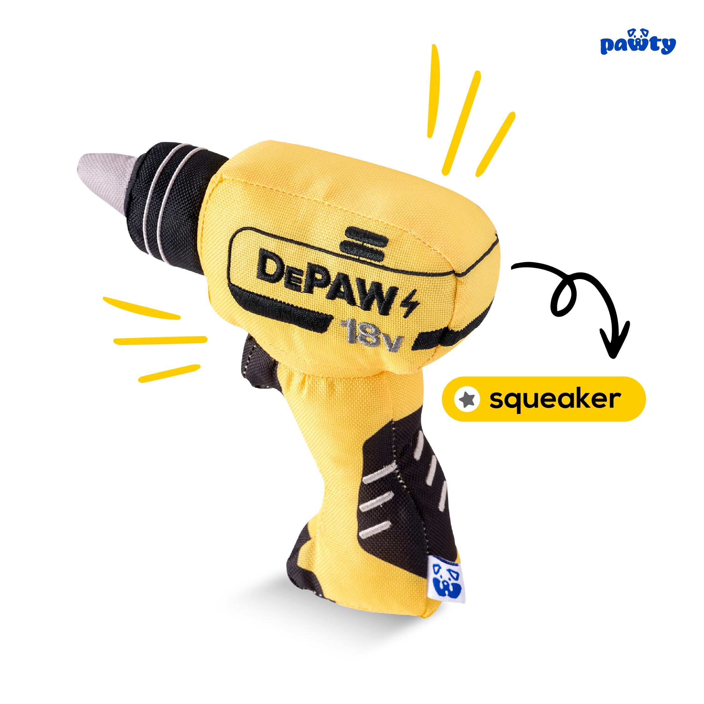Pawty Tool Kit Paw-Er Drill Dog Toy - Interactive Plush Parody Enrichment Toy - Cute Unique Design Birthday Gift - Small Medium