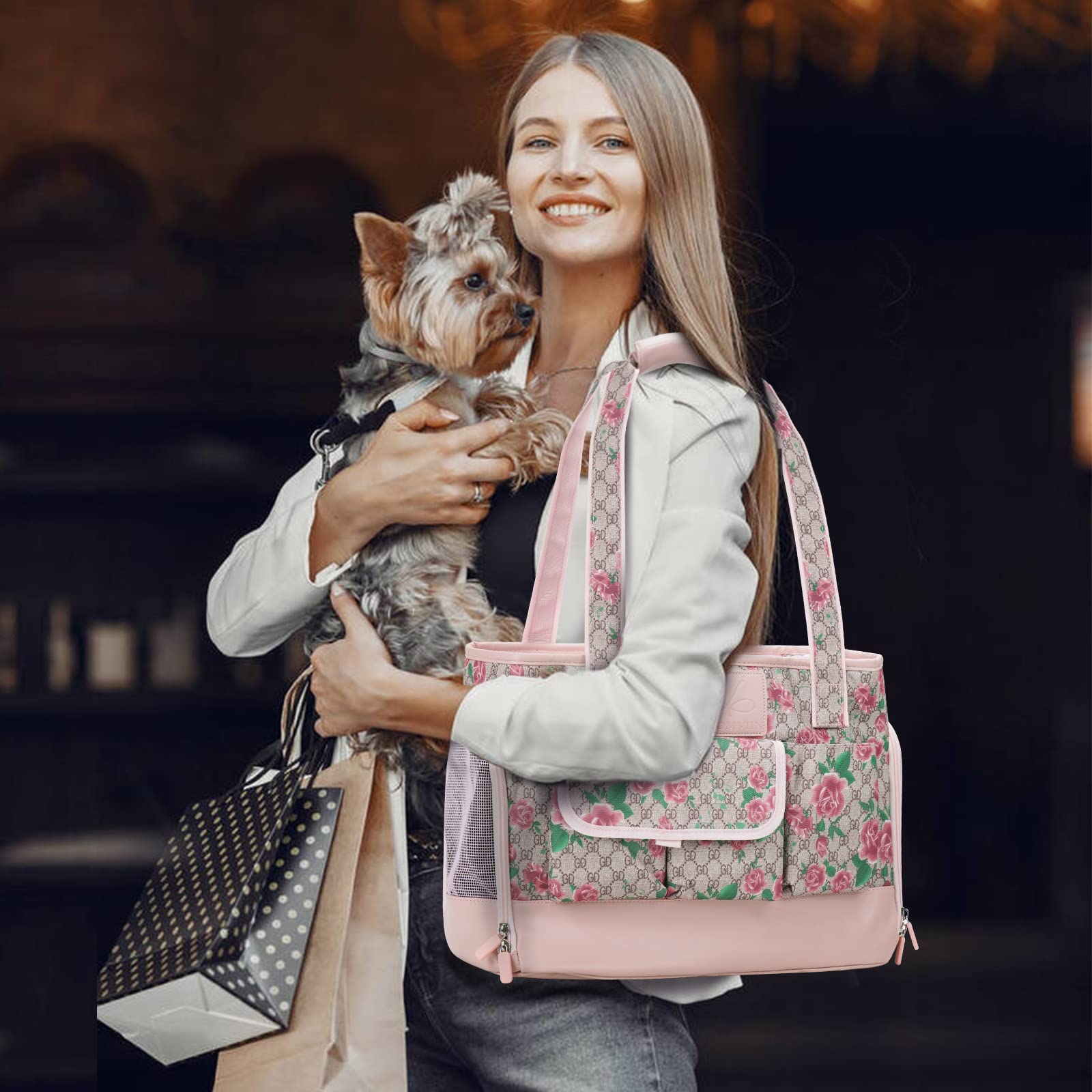 Johomviin Dog Carrier, Cat Carrier, Pet Carrier, Foldable Waterproof Premium Pu Leather Oxford Cloth Dog Purse, Portable Tote Bag Carrier For Small To Medium Cats And Small Dogs (Flower Pattern)