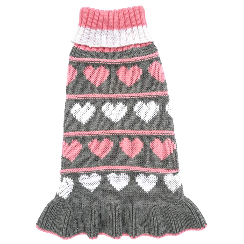 Jecikelon Pet Dog Long Sweaters Dress Knitwear Turtleneck Pullover Warm Winter Puppy Sweater Long Dresses (Grey Heart, Large)