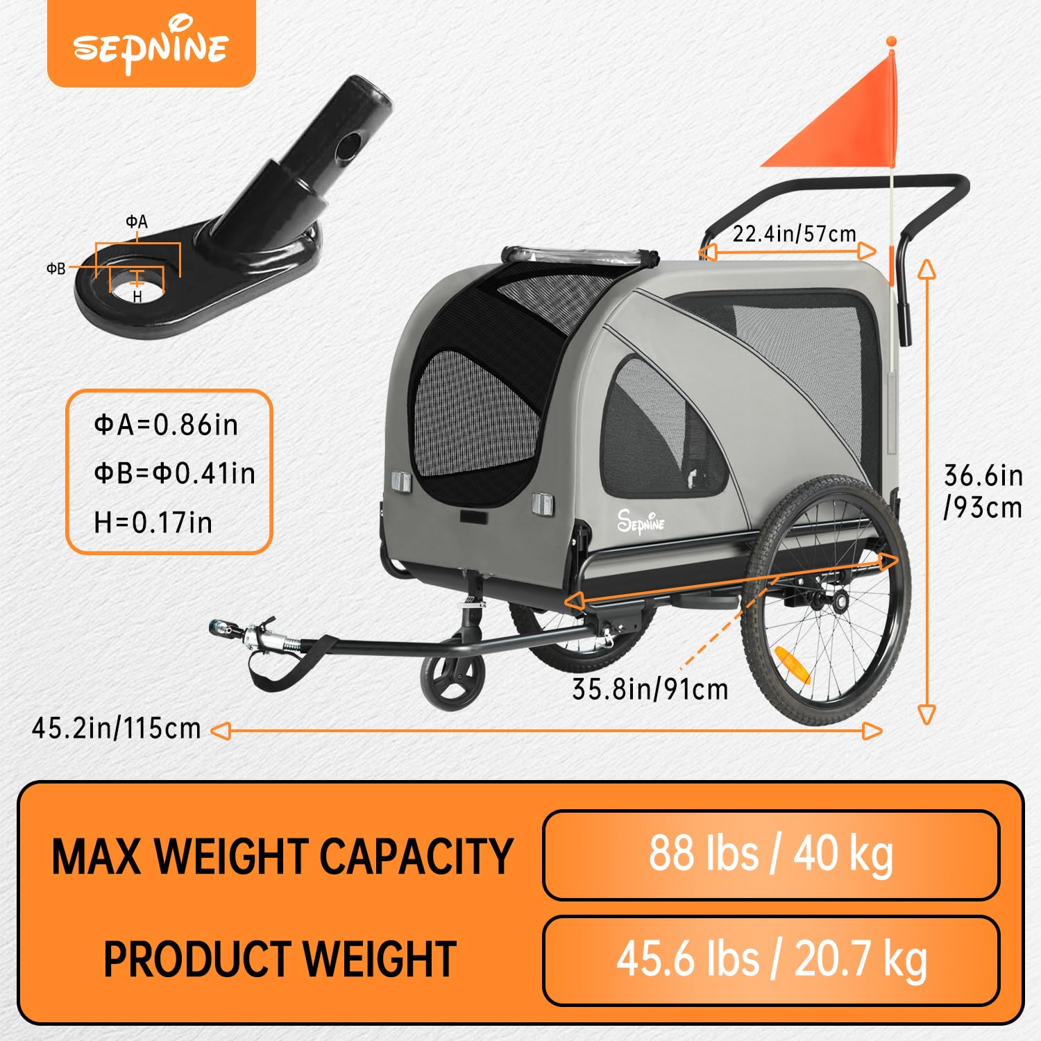 Sepnine Dog Bike Trailer, Supports up to 88 lbs, 2-in-1 Pet Stroller Cart Bicycle Carrier, Easy Folding Cart Frame with Quick Re
