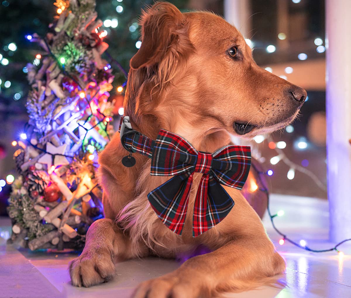 Dogwong Cotton Dog Collar With Bowtie, Stylish Christmas Dog Bow Red Plaid Dog Collar Adjustable Puppy Necklace For Small And Me