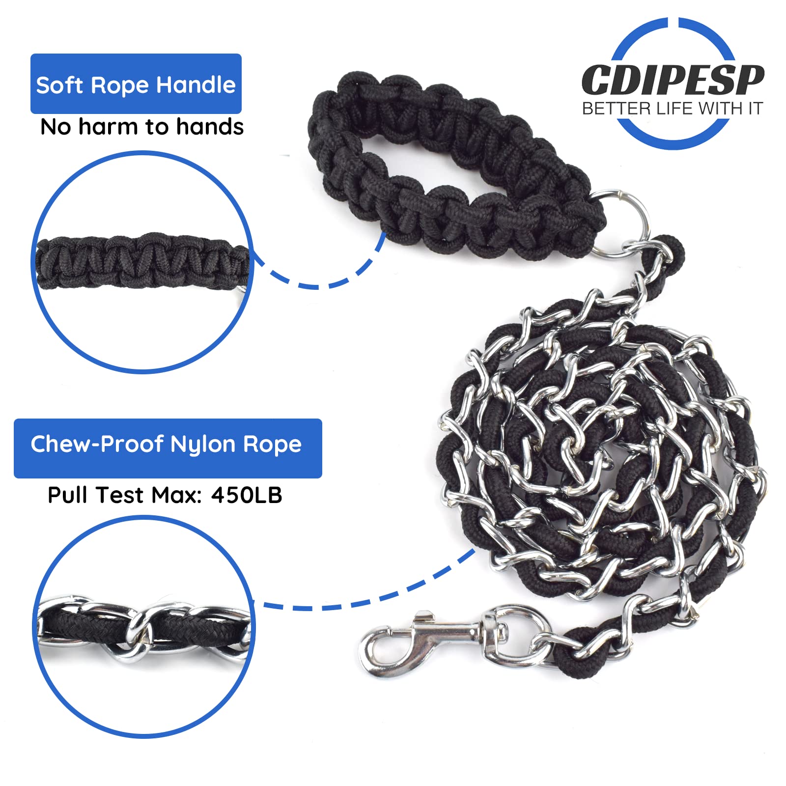 Chew Proof Dog Leash 5.5Ft Heavy Duty Dog Leashes Metal Pet Chain Lead With Soft Rope Handle For Medium Large Dogs Black