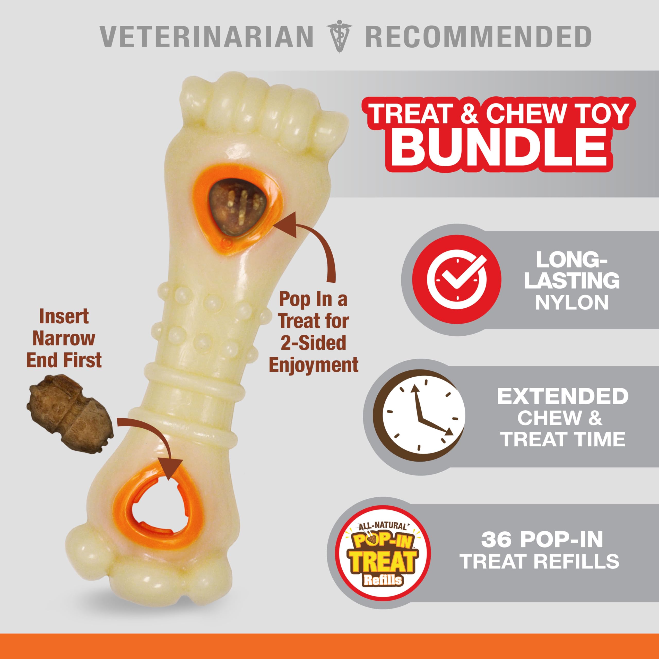 Nylabone Power Chew Knuckle Bone & Pop-in Dog Treat Toy Combo Bundle - Tough Dog Toy for Aggressive Chewers and Treat Pouch - Du