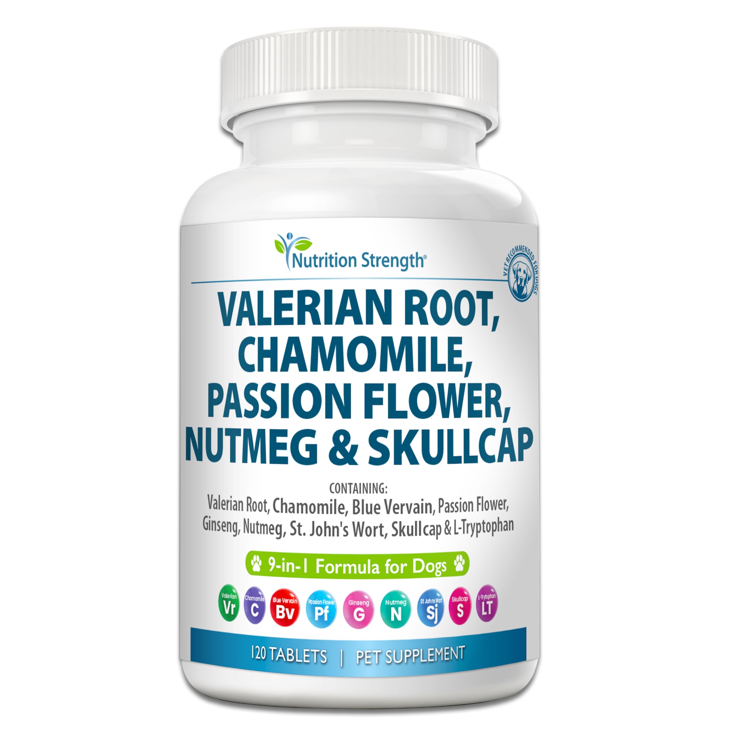 Nutrition Strength 9-in-1 Valerian Root for Dogs 200mg, Chamomile 160mg, Blue Vervain, Passion Flower, Ginseng, Nutmeg, St John'