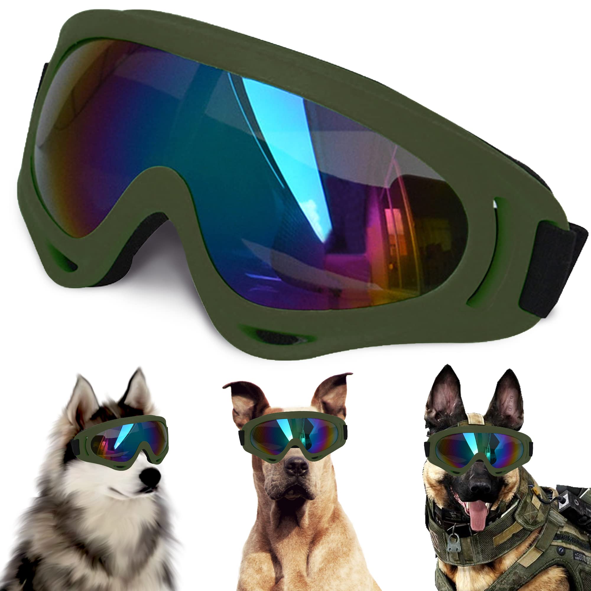 Large Dog Sunglasses With Adjustable Strap Uv Protection, Suitable For Medium-Large Dogs, Soft Goggles (Army Green Frame)
