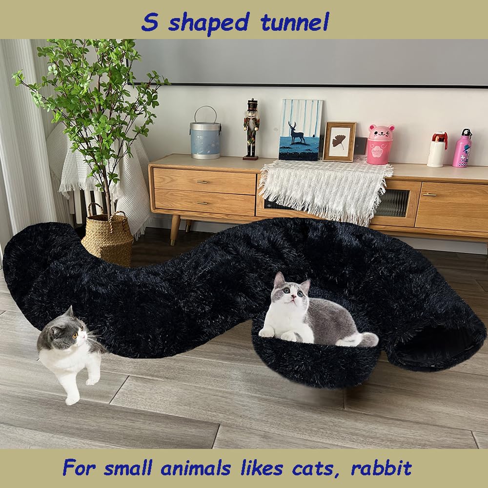 Mabaytir Cat Tunnel Bed For Indoor Cats Black Plush, Collapsible Play Tube With Removable Cushion, Sturdy Cat Toy Playhouse, Sof
