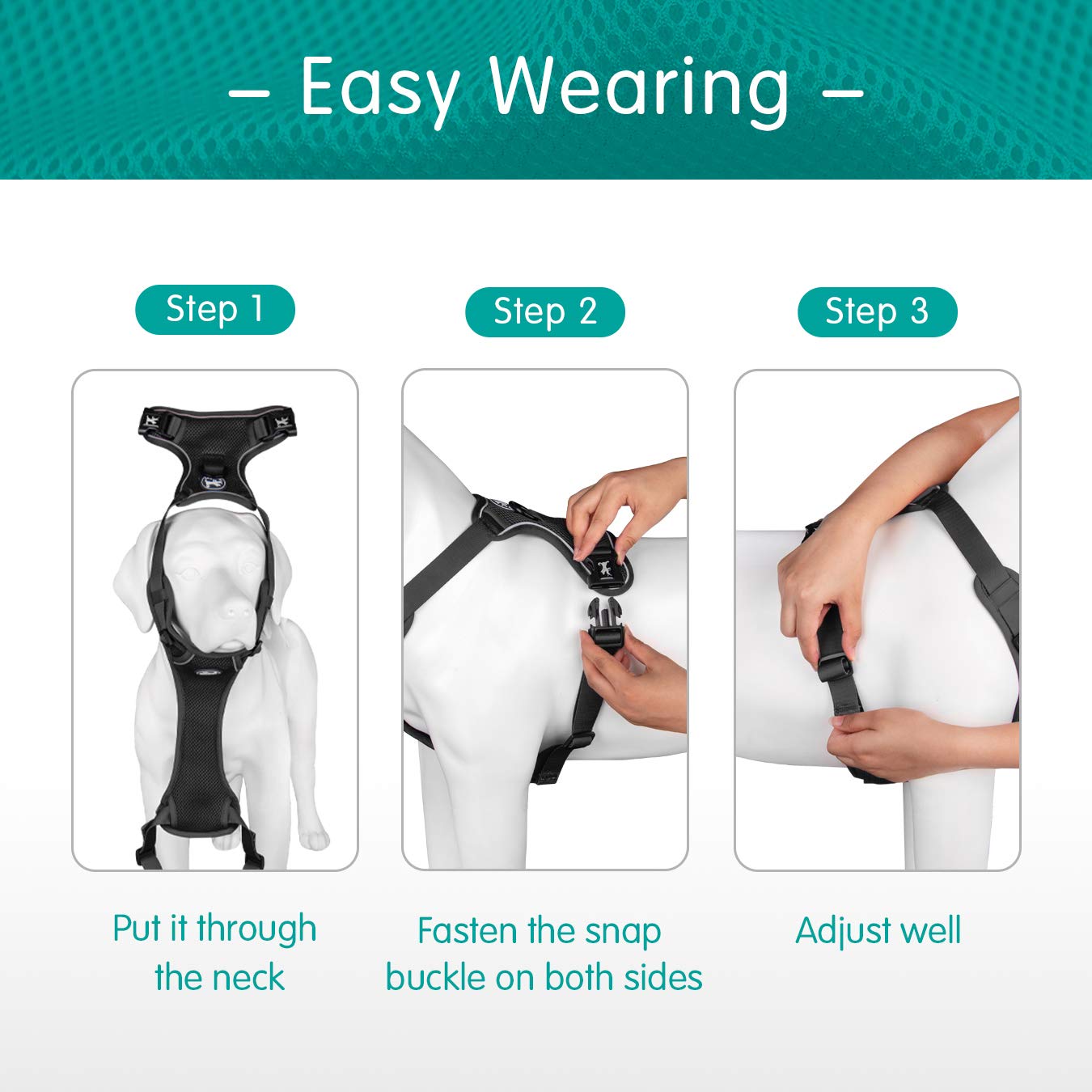 Poypet Reflective Soft Breathable Mesh Dog Harness Choke-Free Double Padded Vest With Adjustable Neck And Chest(Black,L)