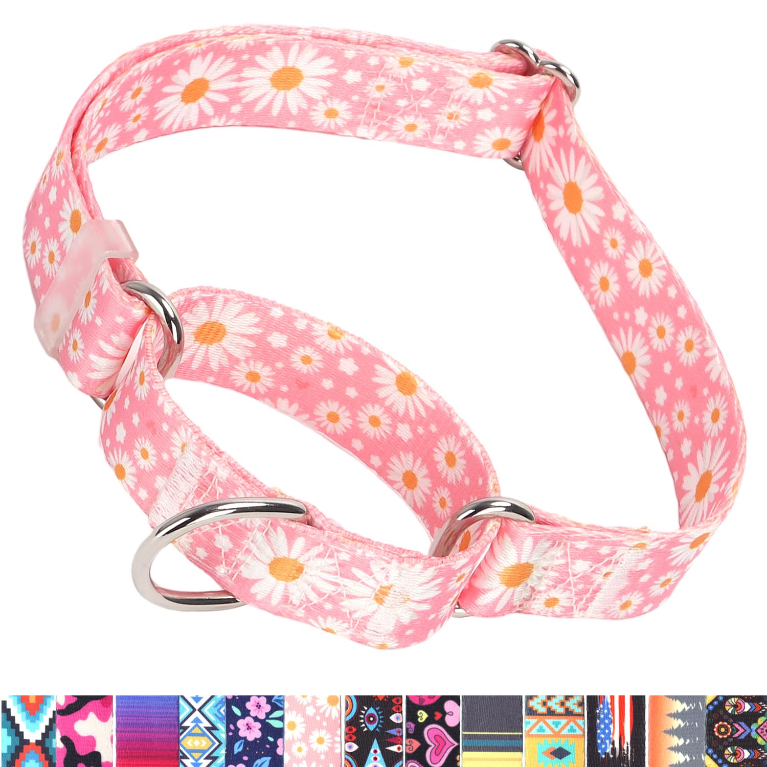 Pink Daisy Martingale Dog Collar For Large Dogs, No-Slip Escape Proof Choke No Pull Cinch Soft Nylon Training Dog Collars Adjust