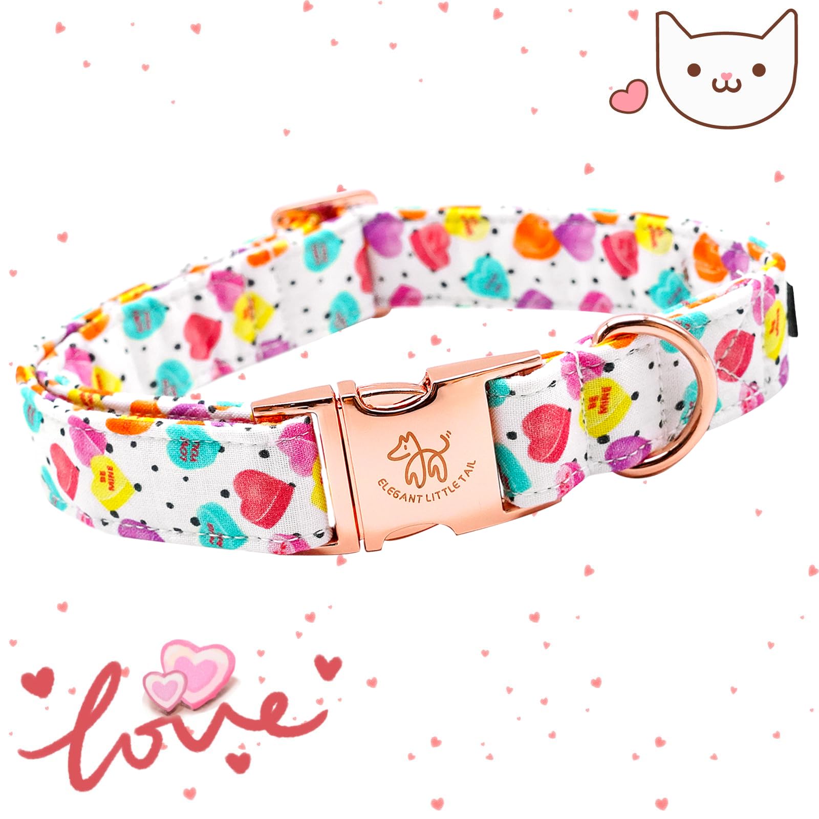 Elegant Little Tail Valentine's Day Collar - Pink Heart Cute Dog Collar, Adjustable for Small Dogs