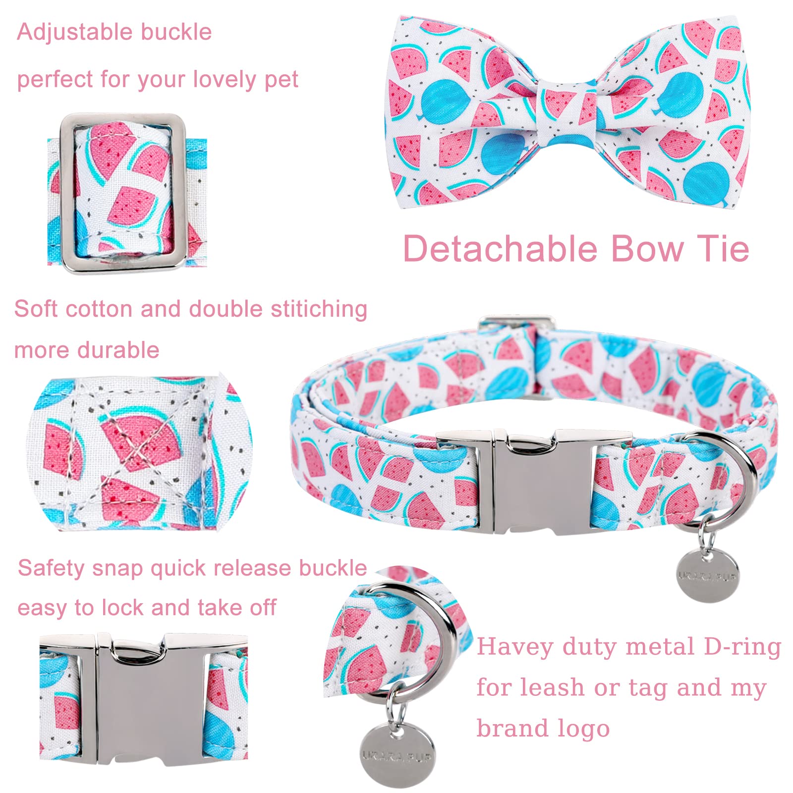 Up Urara Pup Bow Tie Dog Collar, Durable Comfortable Cotton Cute Dog Collar With Bowtie For X-Large Dog Girl Boy, Summer Dog Col
