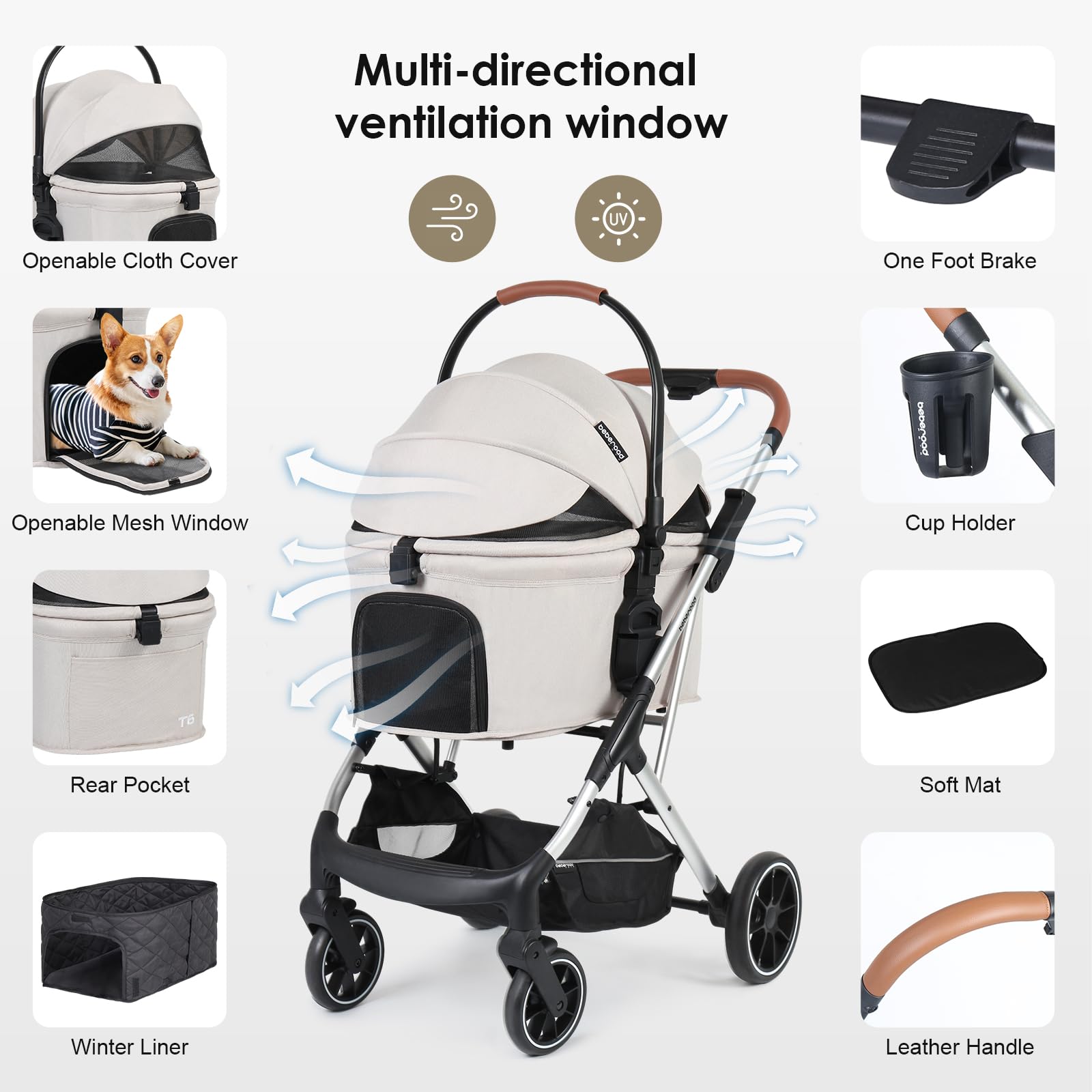 Beberoad Pets T6 Luxury Pet Stroller For Medium Dog Under 66Lbs Or 2 Small Dogs & Cats, Foldable And Carrier -Detachable (Beige)