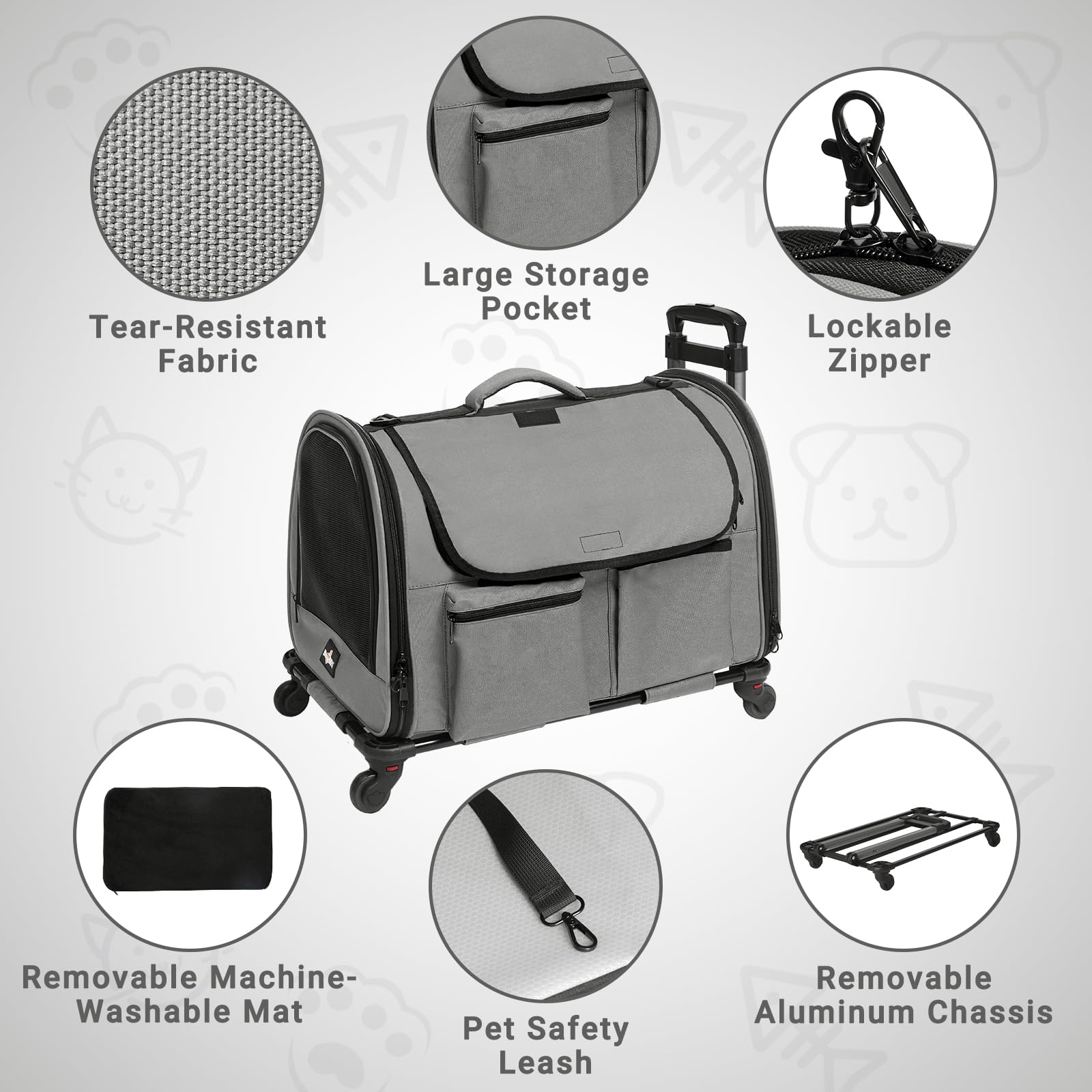 Paw Ballet Large Cat Carrier With Wheels, Foldable Rolling Pet Dog Carrier With Wheels And Big Pocket, Cat Carrier Travel Bag Fo