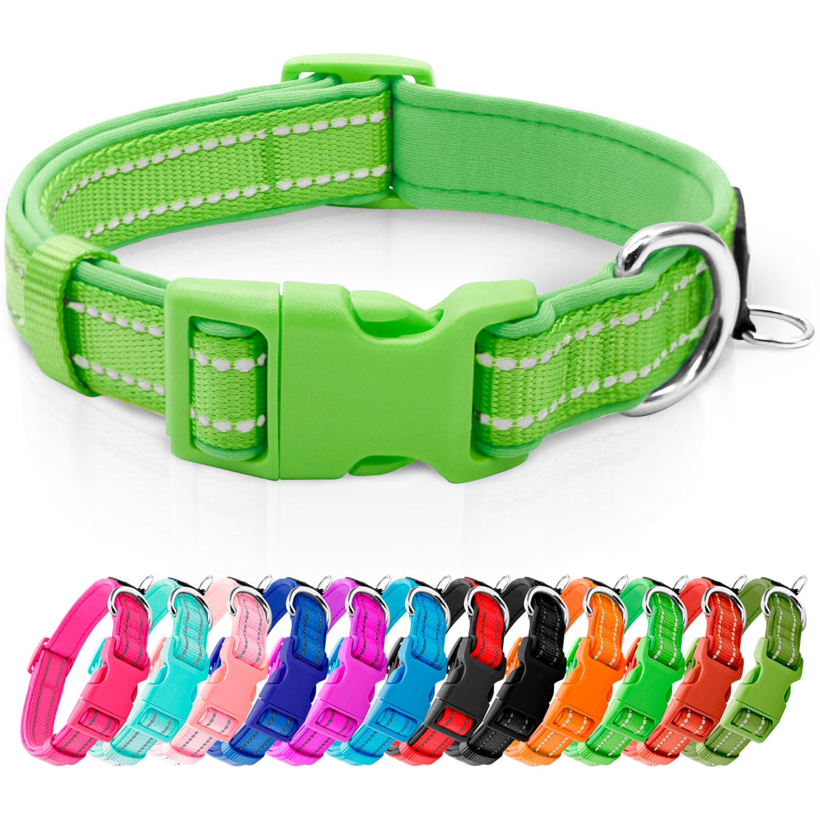 Azuza Reflective Dog Collar, Soft Neoprene Padded Pet Collar With Id Tag Ring, Adjustable For Large Dogs,Green,L