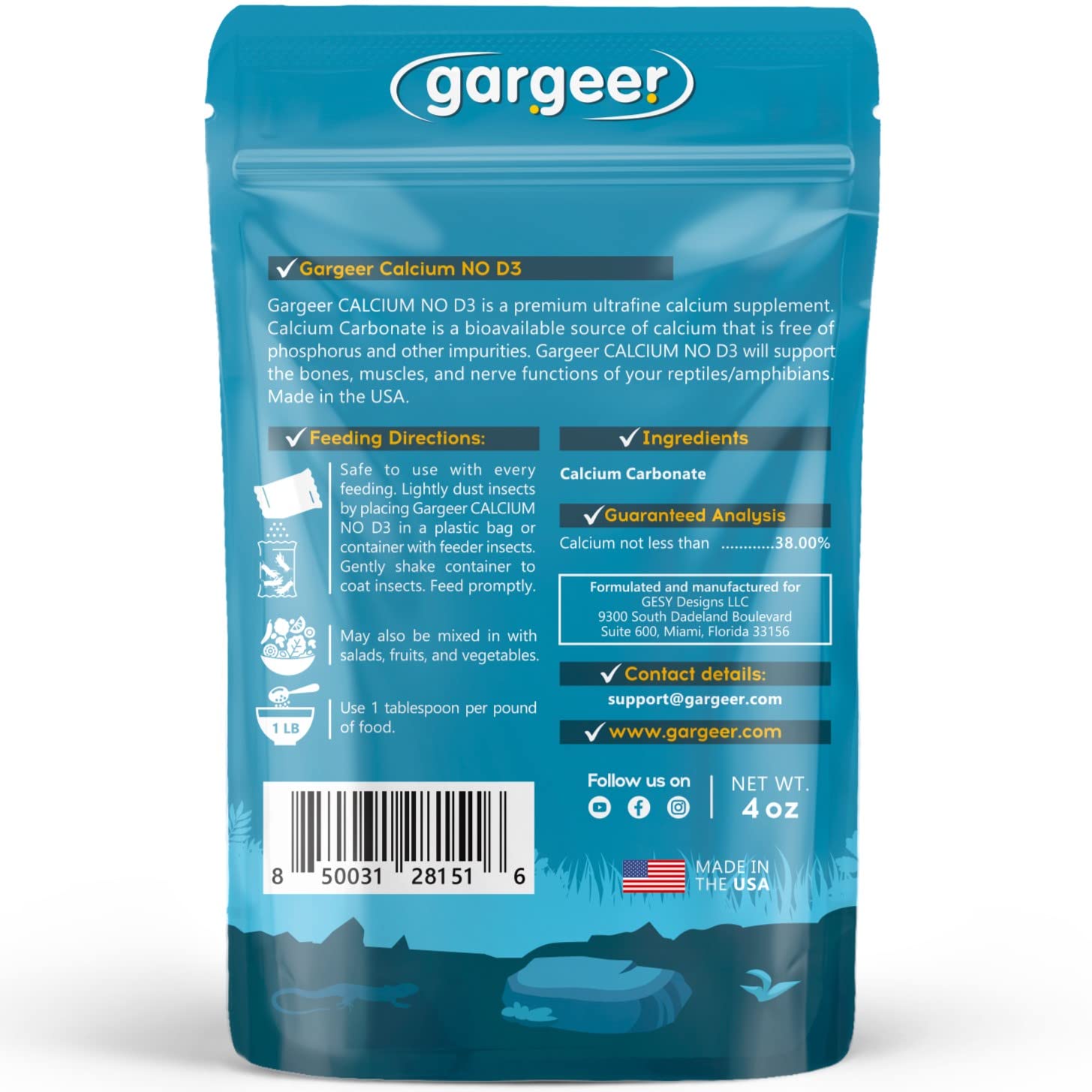 Gargeer 4oz All Reptile Calcium Powder, Phosphorus-Free Ultrafine Powder, Pure Dust Without Vitamin D3, Ready to Use for All Rep