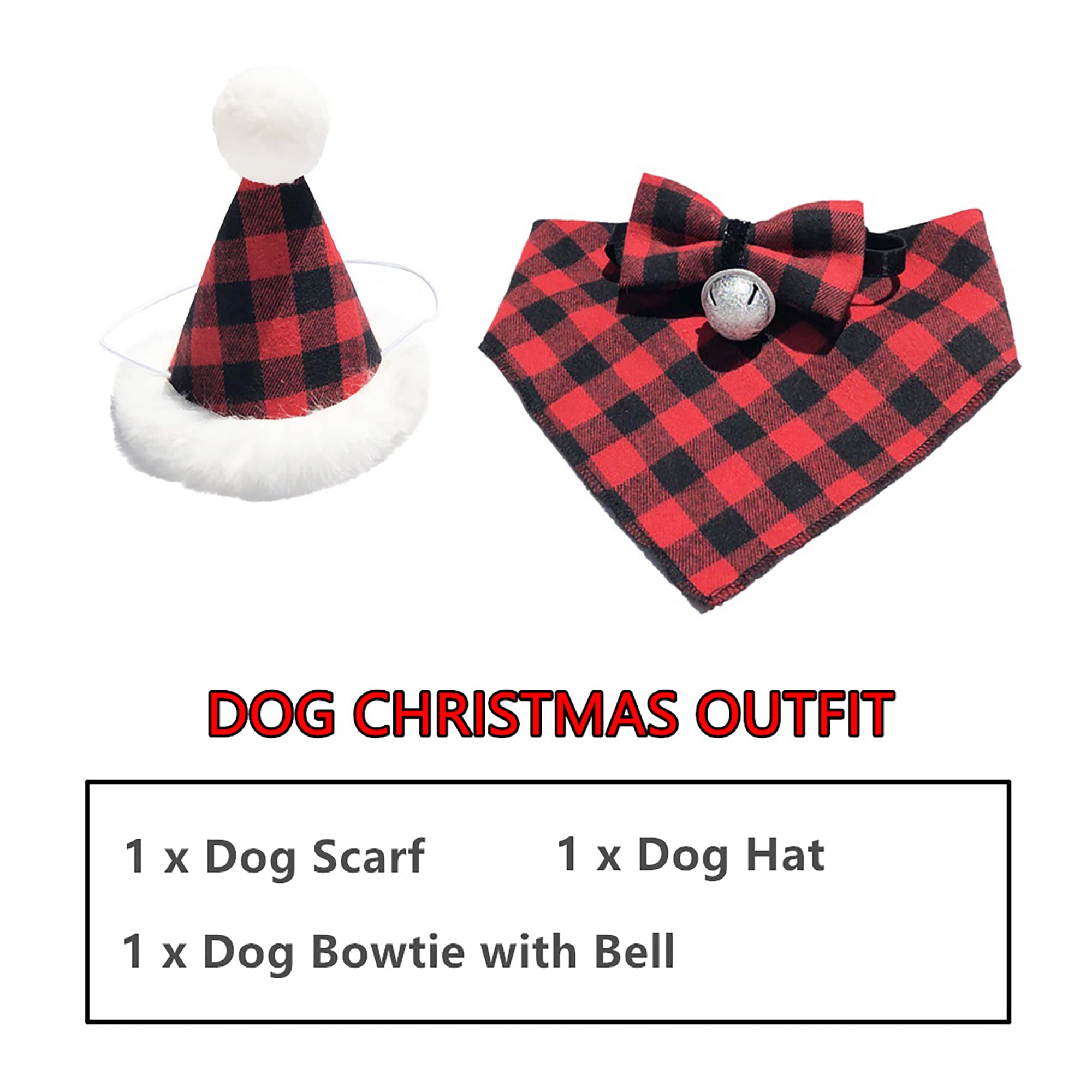ADOGGYGO Christmas Dog Bandana Hat Bow tie Set - Classic Red Plaid Pet Xmas Scarf Hat Christmas Costume Outfit for Large X-Large