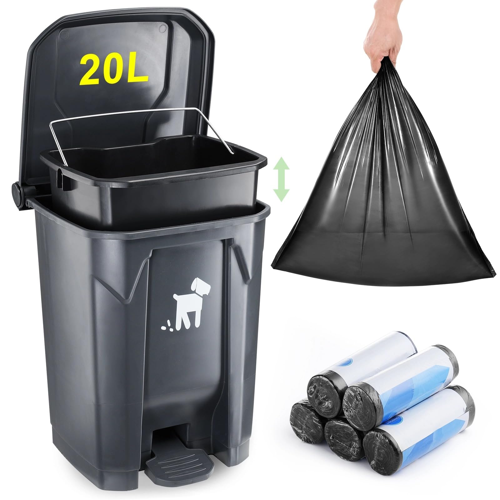 Dog Poop Trash Can Outside, 20L Pet Waste Container With Removable Inner Waste Bin, 150 Waste Bags, Outdoor Dog Poop Trash Bin F