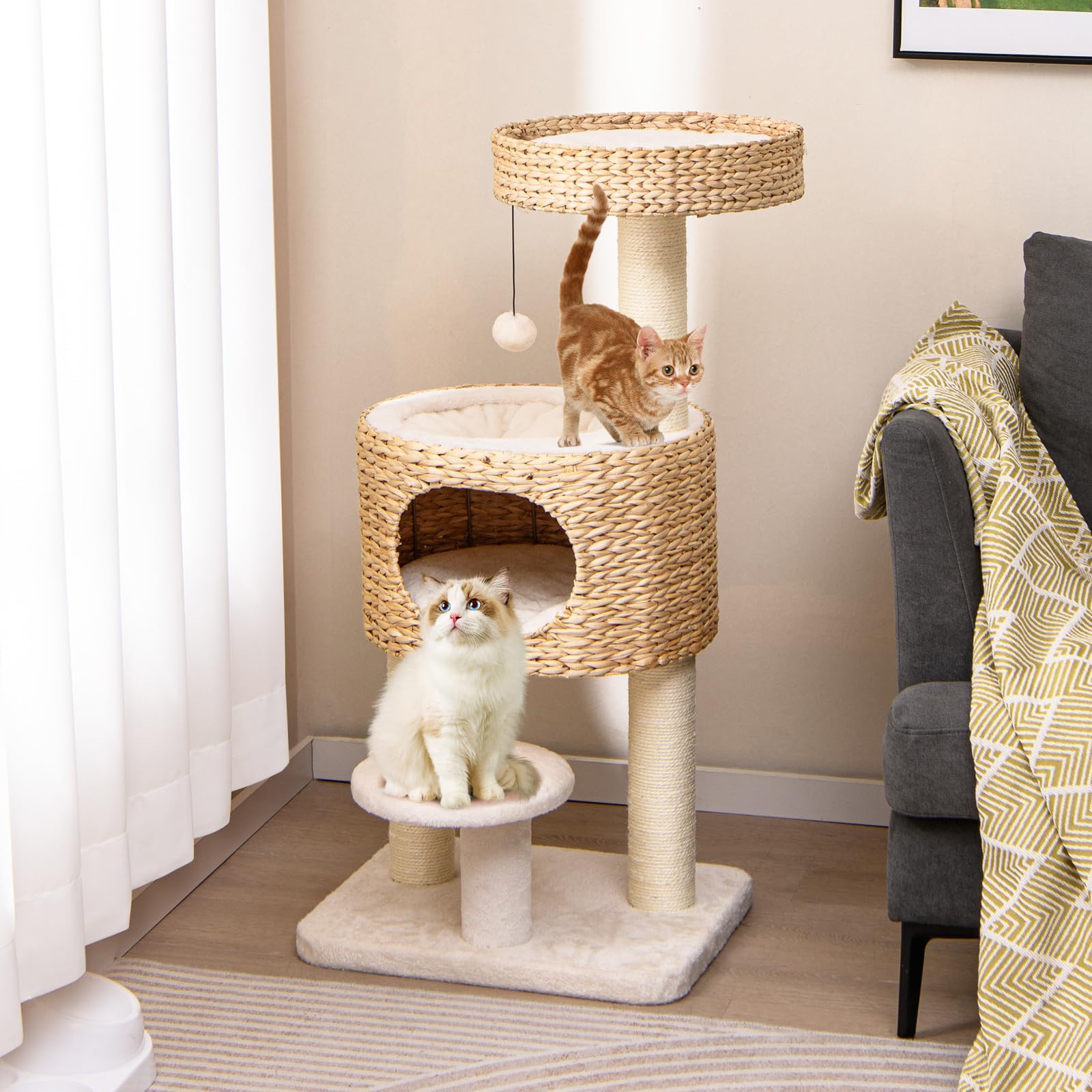 Tangkula Modern Cat Tree, 41 Inch Multi-Level Cat Tower With Cattail Fluff Condo & Top Perch, Hanging Toy, Bed, Removable Cushio