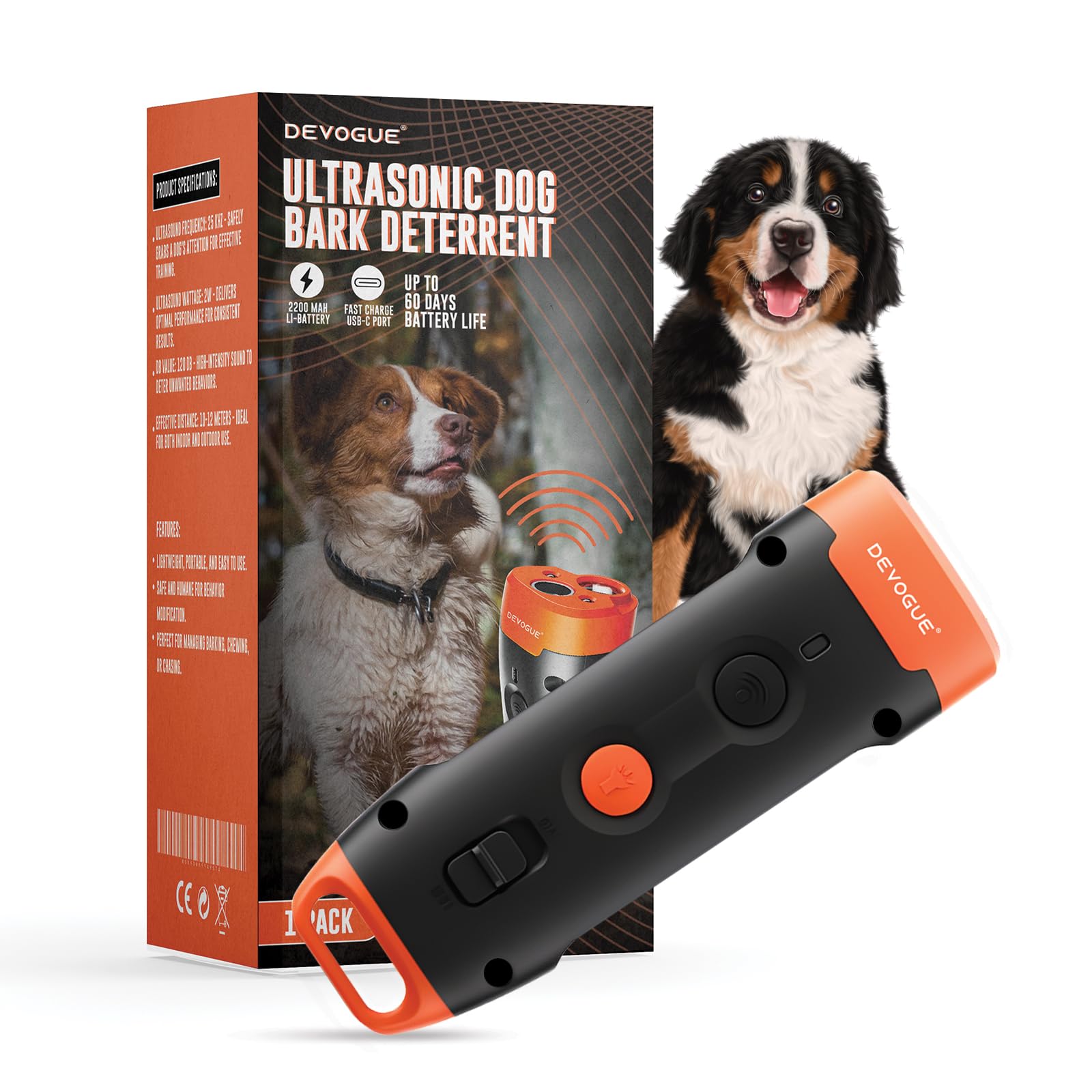 Devogue Dog Bark Deterrent Devices - Rechargeable Anti Barking Device For Dogs - 10 To 12 Meter Long Range Ultrasonic Dog Bark D