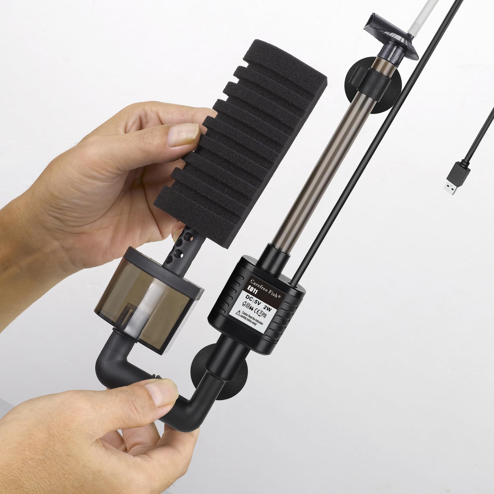 Carefree Fish Aquarium USB Filter Sponge Fish Tank Quiet Bubble Filter with 2 Sponges and 1 Bag of Filtered Ceramic Balls for Sa