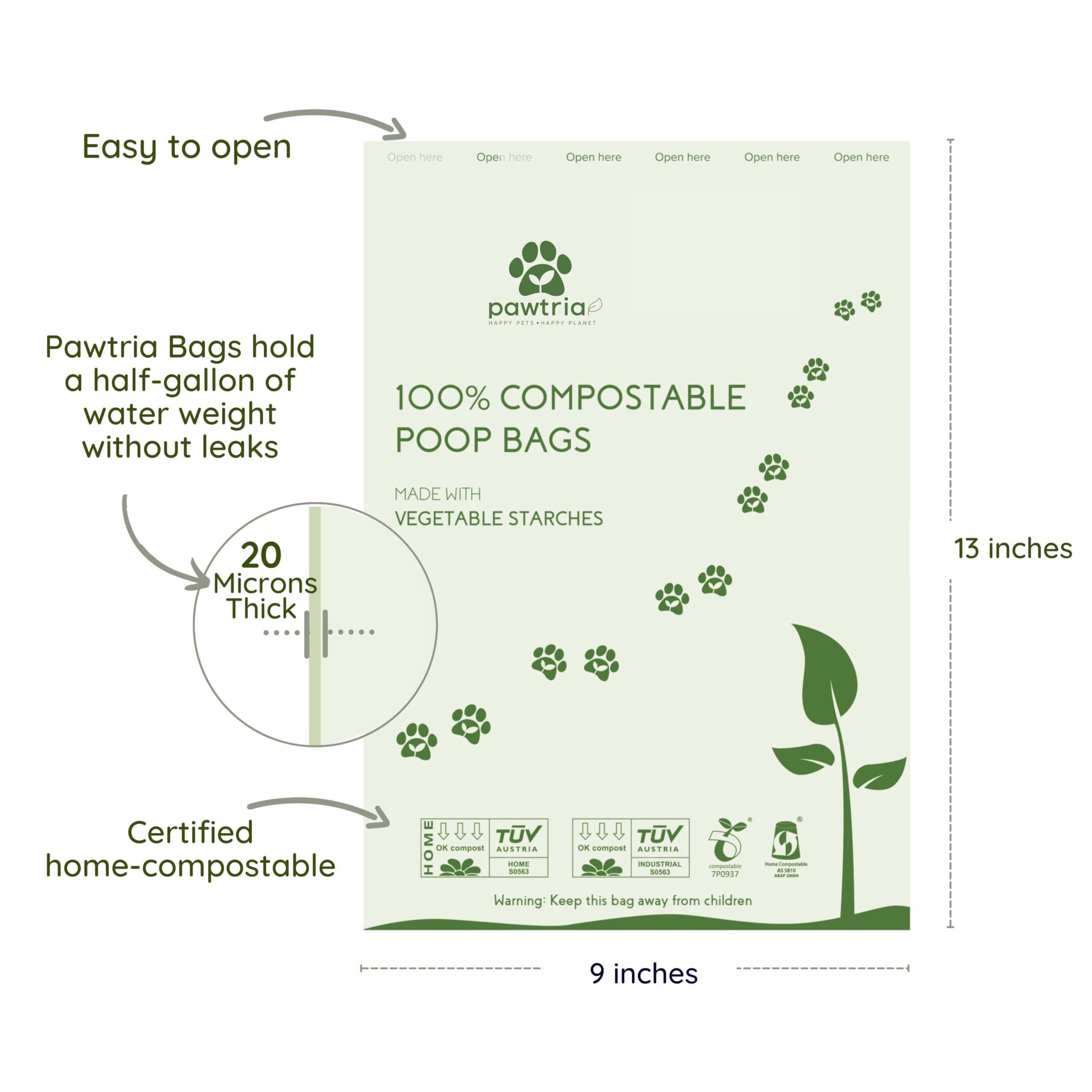 Pawtria Certified Home Compostable Dog Poop Bags (480 Bags), Value Pack, Biodegradable Poop Bags, Cat Litter, Vegetable Starches