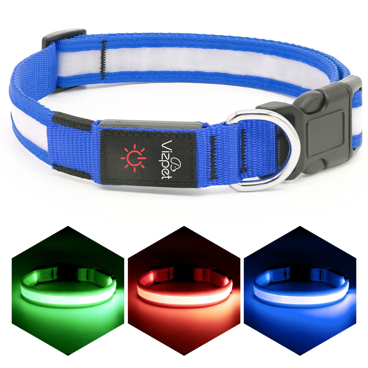 Vizpet Led Dog Collar, Light Up Dog Collar Adjustable Usb Rechargeable Super Bright Safety Light Glowing Collars For Dogs(X-Large,Blue)