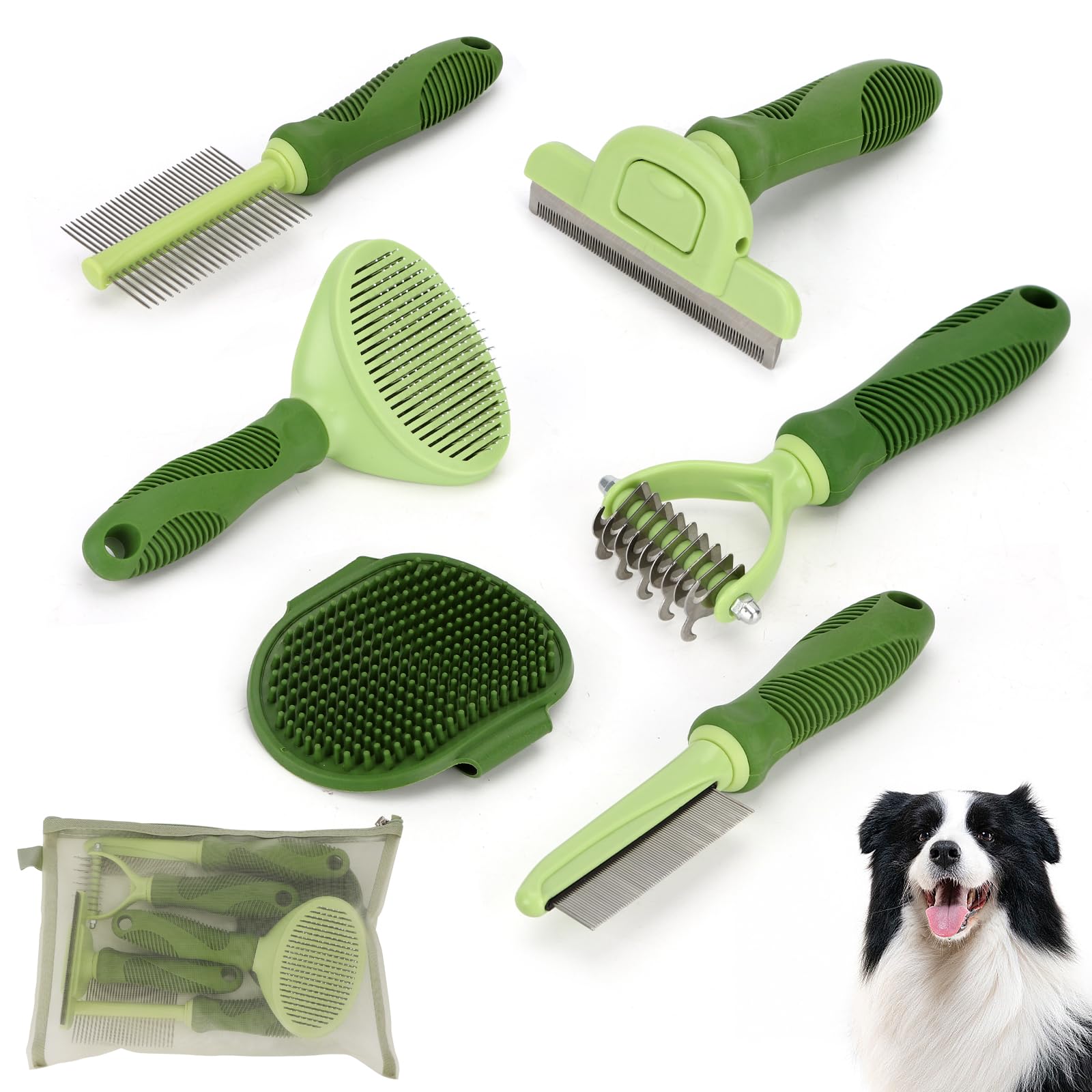 Nobleza 6Pcs Dog Grooming Kit, Self-Cleaning Slicker Brush With Massage Tips, Dematting Comb For Shedding And Tangles, Ergonomic
