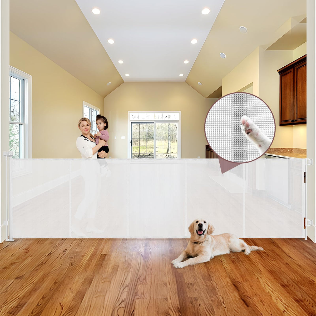 Reinforced 41'' Extra Tall Retractable Baby Gates Extra Wide 120'' Retractable Dog Gate with Support Rods, Indoor Mesh Baby Gate