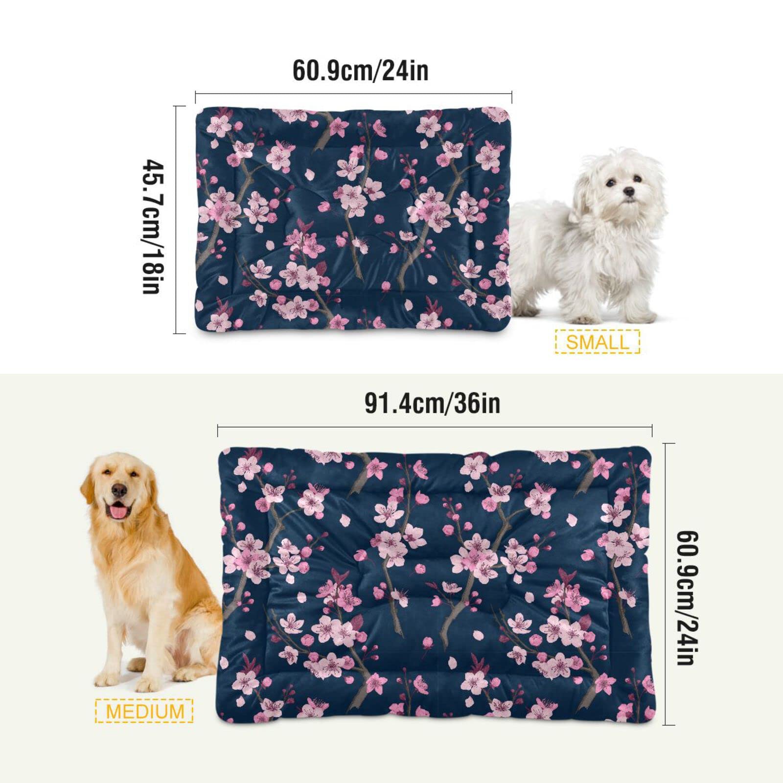 Coikll Pink Cherry Blossom Branches Pet Bed Pad Soft Dog Bed Mat With Anti-Slip Bottom, Machine Washable Crate Pad Mattress For